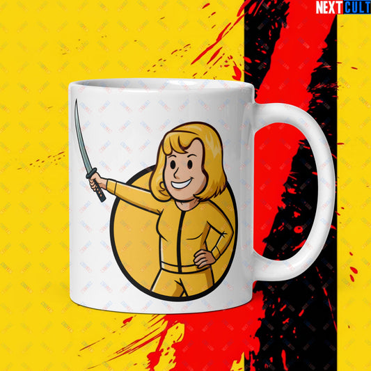 Kill Bill Vault Girl Fallout Funny Meme Cartoon Mashup White glossy mug Next Cult Brand