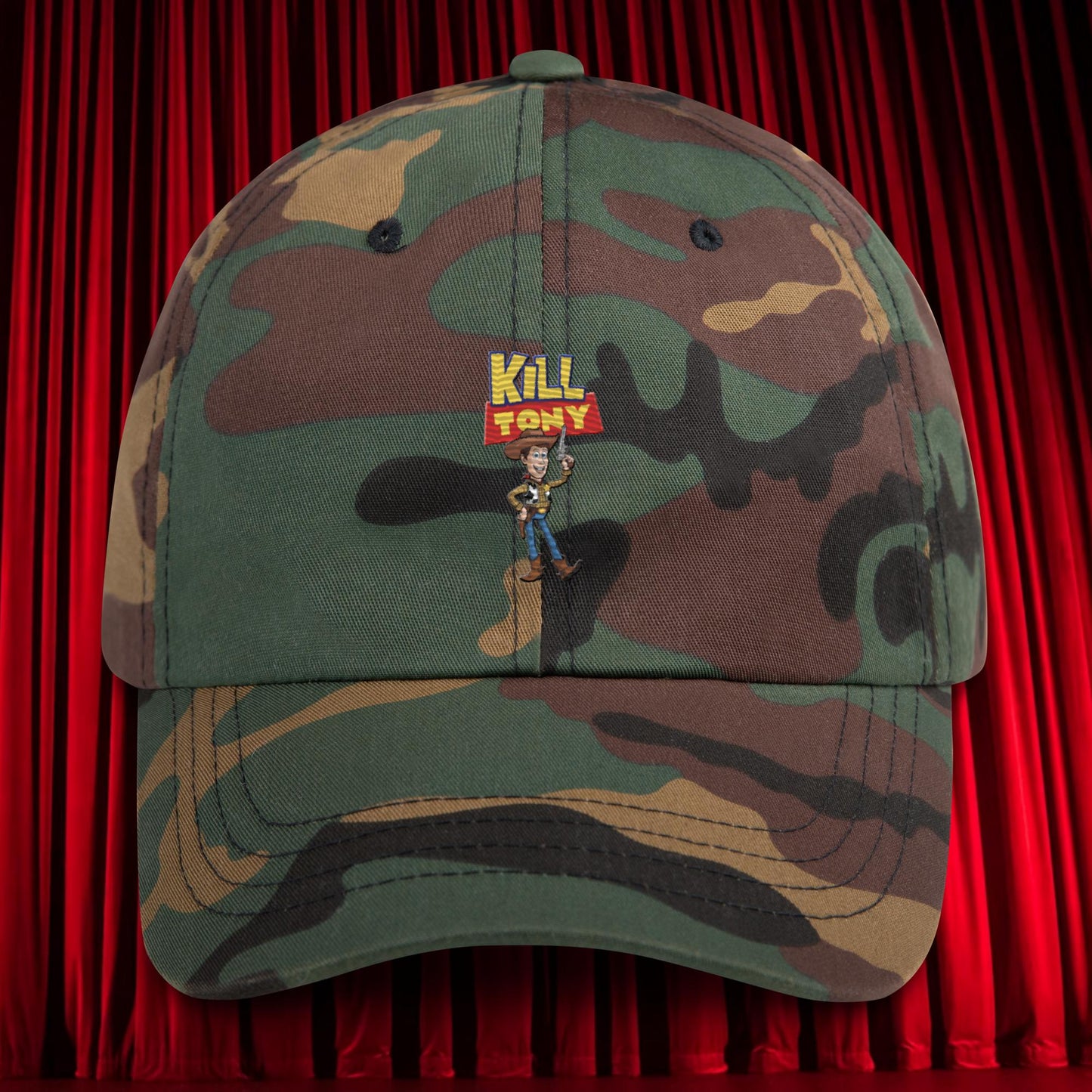 Kill Tony Hinchcliffe Toy Story Woody Funny Podcast Dad hat Green Camo Hats Kill Tony Podcasts Stand-up Comedy Tony Hinchcliffe Next Cult Brand