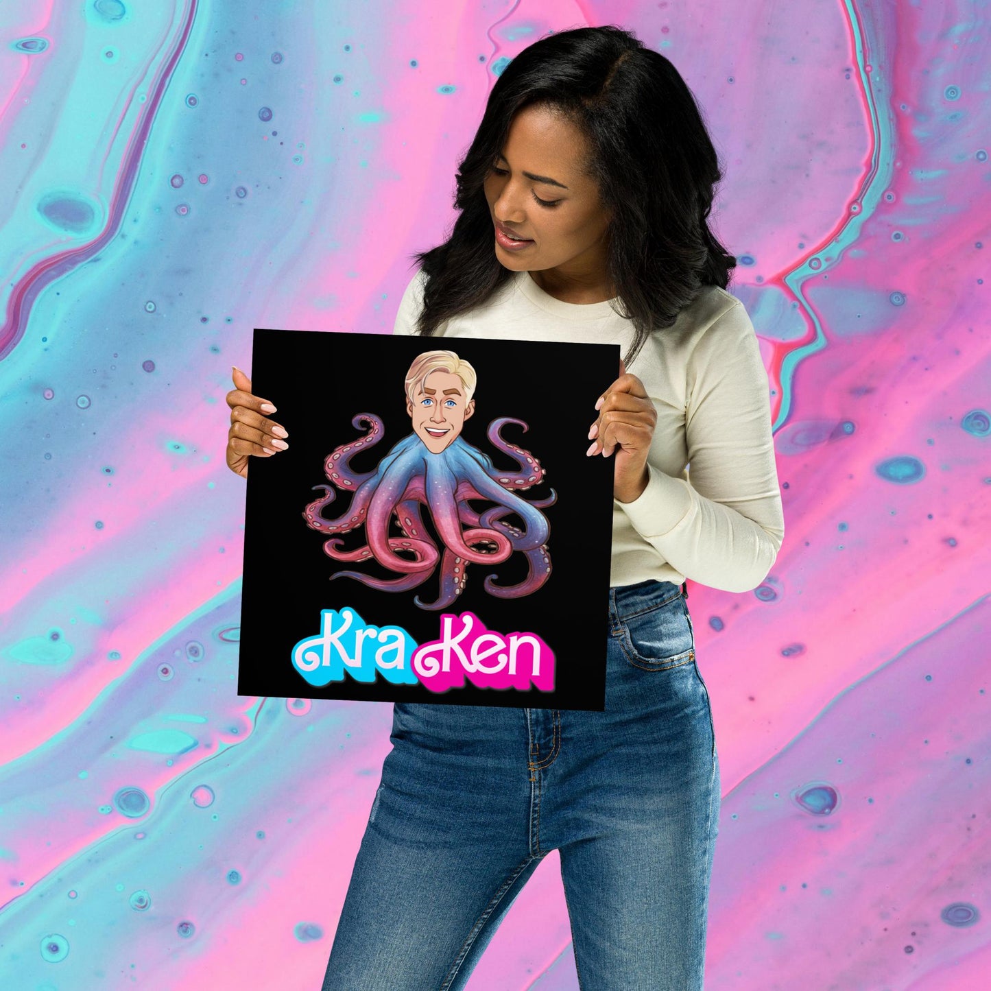 Kraken Ken Barbie Ryan Gosling Funny Poster 12″×12″ Posters Barbie Ken Movies Ryan Gosling Next Cult Brand