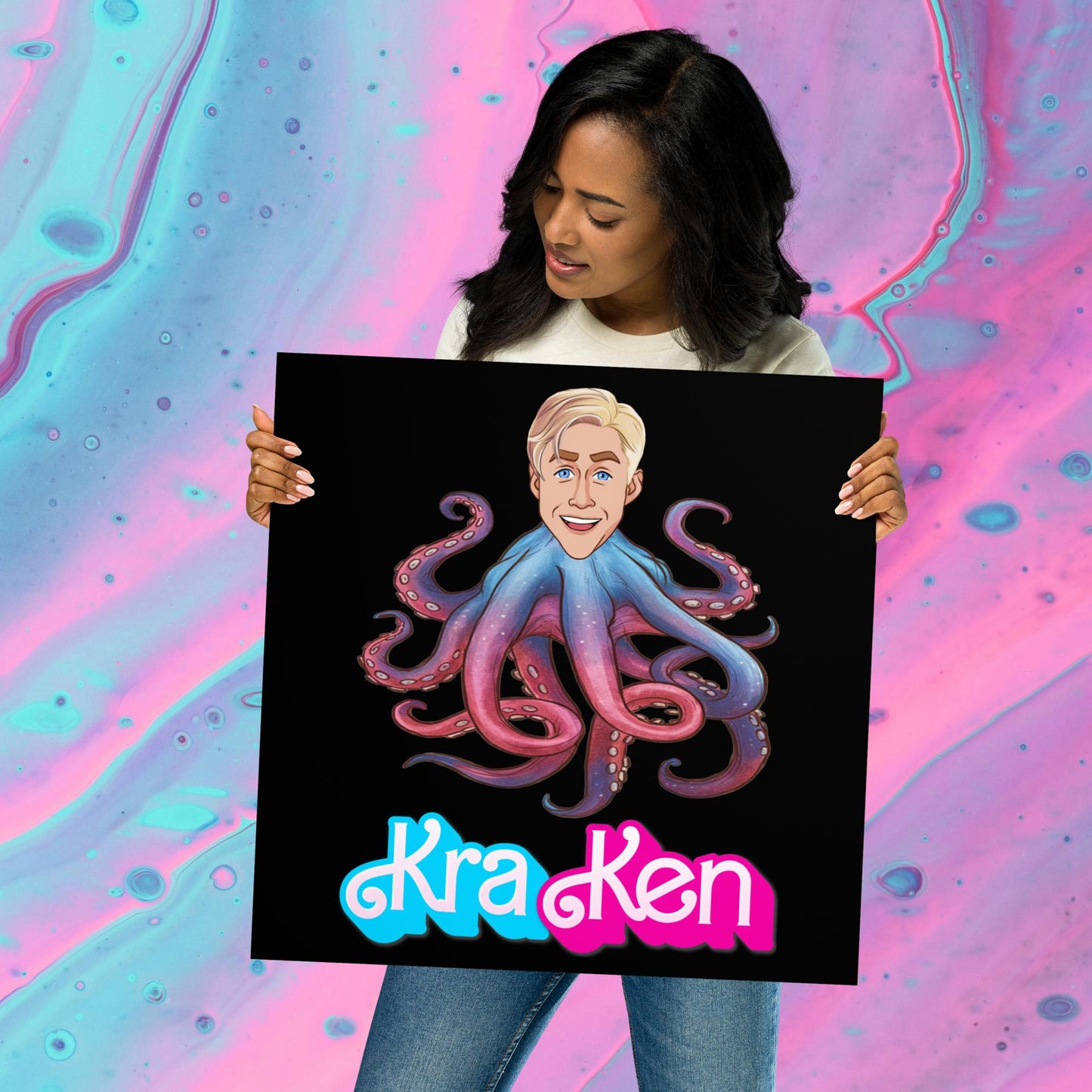 Kraken Ken Barbie Ryan Gosling Funny Poster 18″×18″ Posters Barbie Ken Movies Ryan Gosling Next Cult Brand