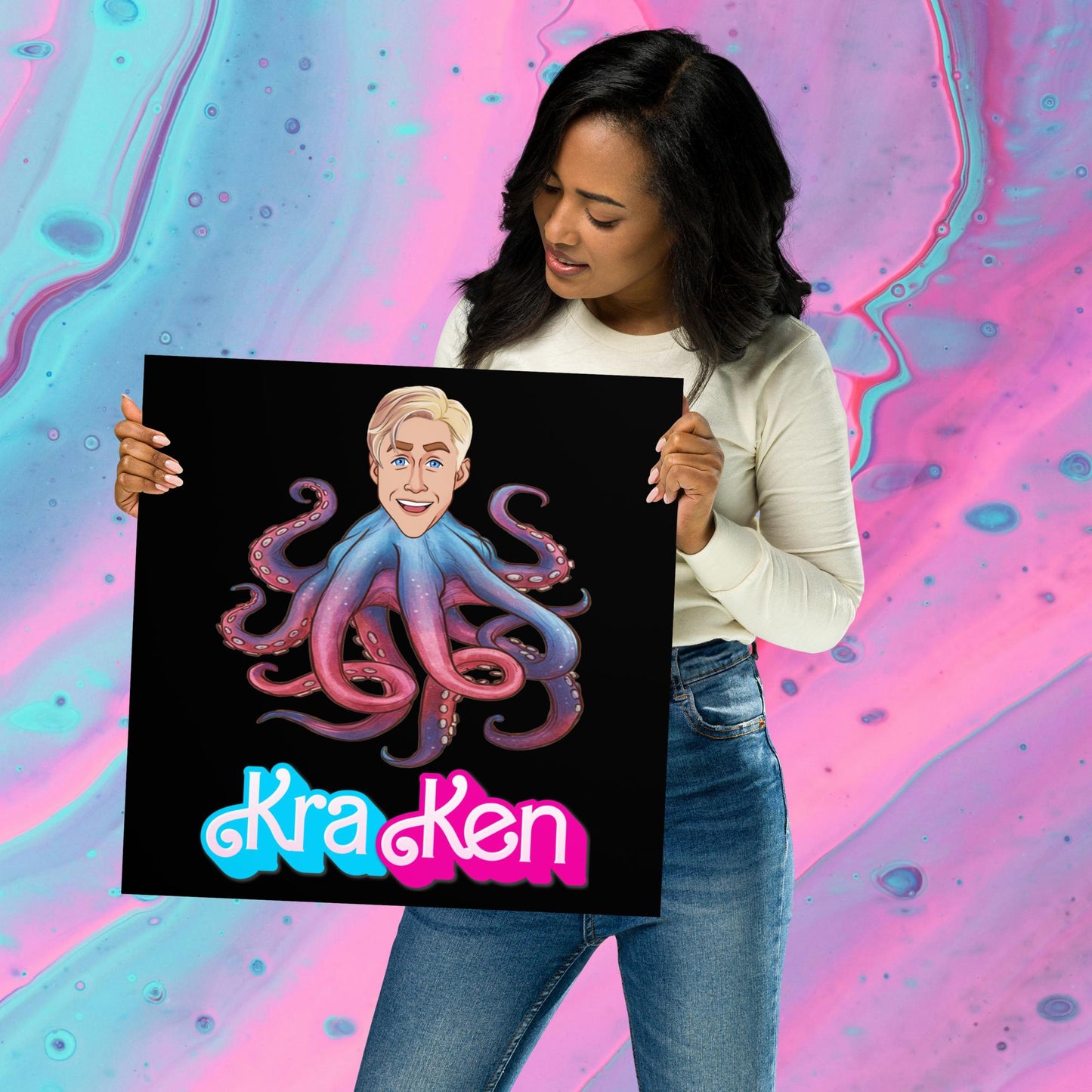 Kraken Ken Barbie Ryan Gosling Funny Poster 16″×16″ Posters Barbie Ken Movies Ryan Gosling Next Cult Brand