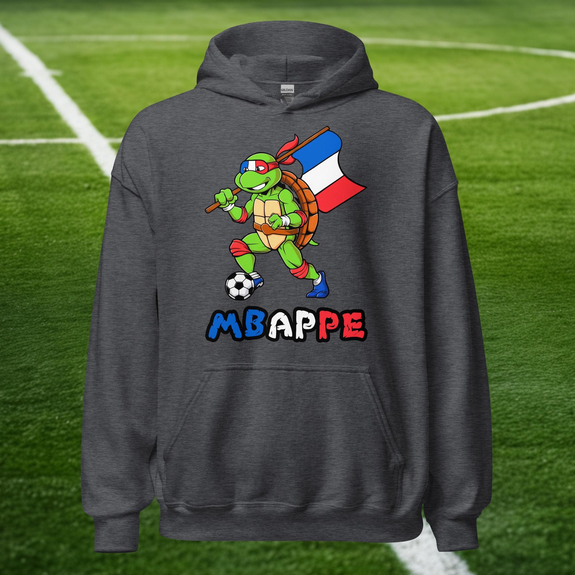 Kylian Mbappe Ninja Turtle Funny Football Euro 2024 France Soccer Unisex Hoodie Dark Heather Hoodies Football Kylian Mbappe Ninja Turtles Real Madrid Next Cult Brand