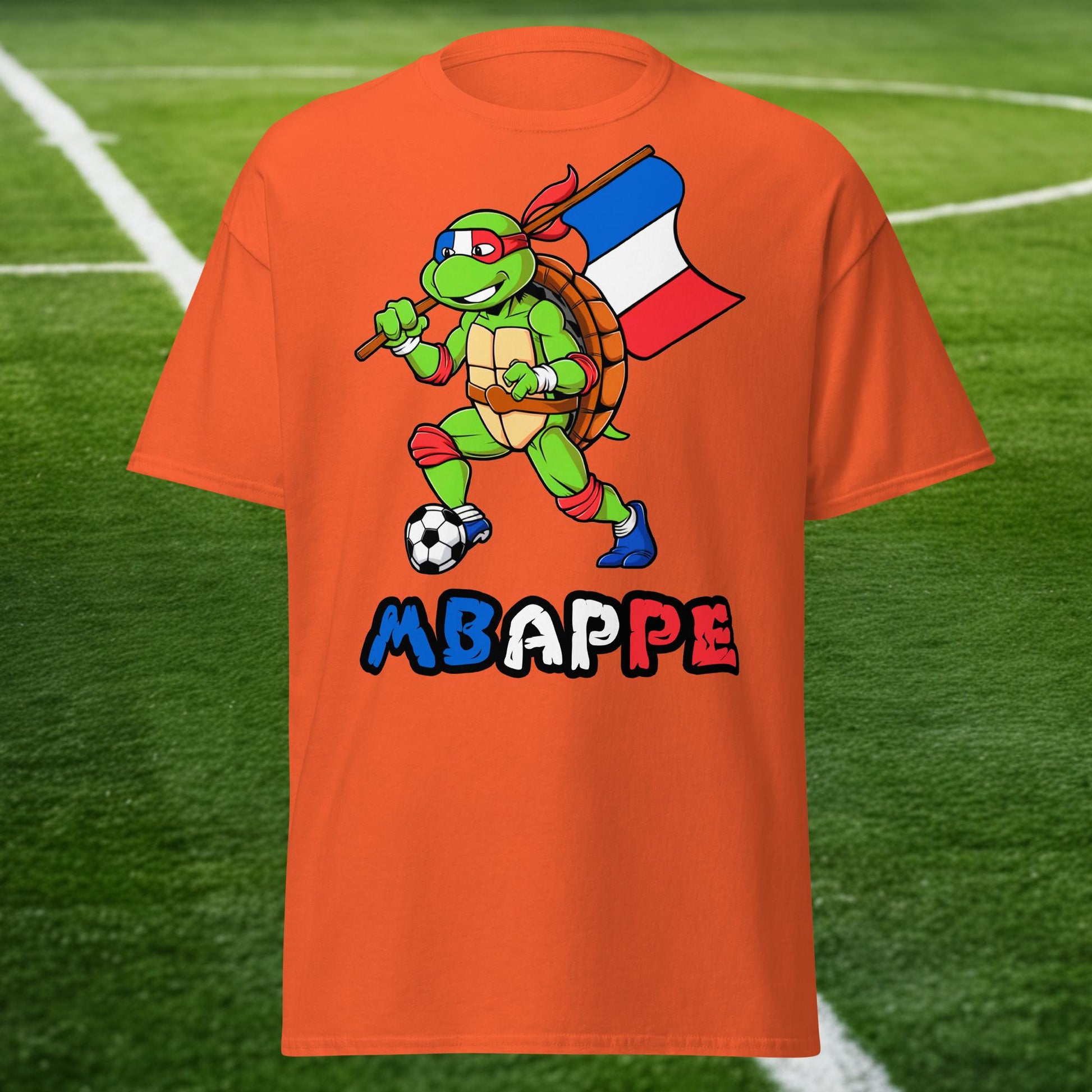 Kylian Mbappe Ninja Turtle Funny Football Euro 2024 France Soccer Unisex tee Orange T-shirts Football Kylian Mbappe Ninja Turtles Real Madrid Next Cult Brand