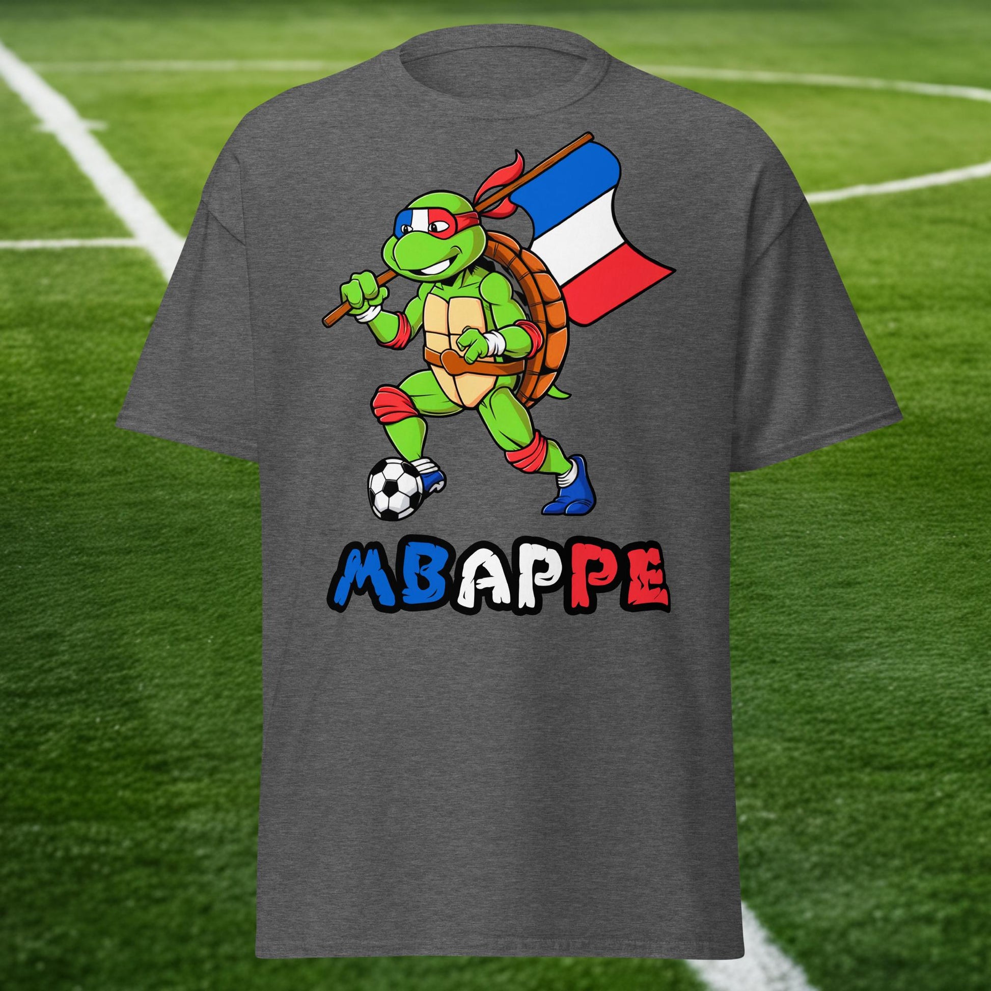 Kylian Mbappe Ninja Turtle Funny Football Euro 2024 France Soccer Unisex tee Dark Heather T-shirts Football Kylian Mbappe Ninja Turtles Real Madrid Next Cult Brand