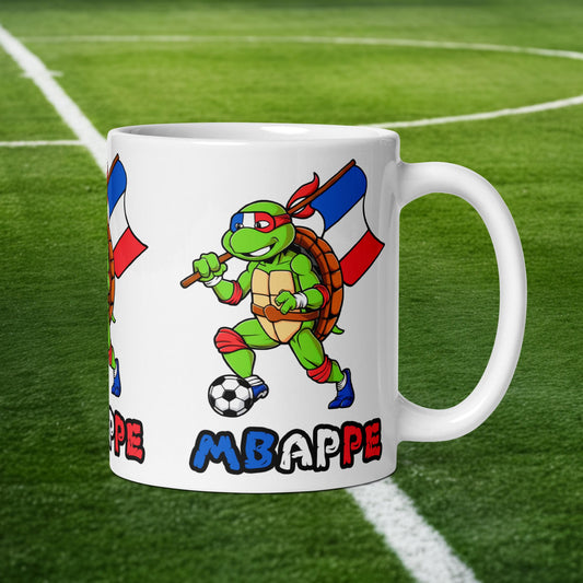 Kylian Mbappe Ninja Turtle Funny Football Euro 2024 France Soccer White glossy mug Next Cult Brand