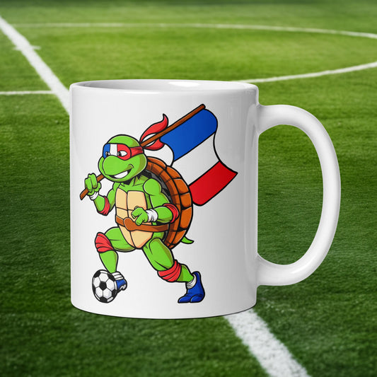 Kylian Mbappe Ninja Turtle Funny Soccer Euro 2024 France Football White glossy mug Next Cult Brand