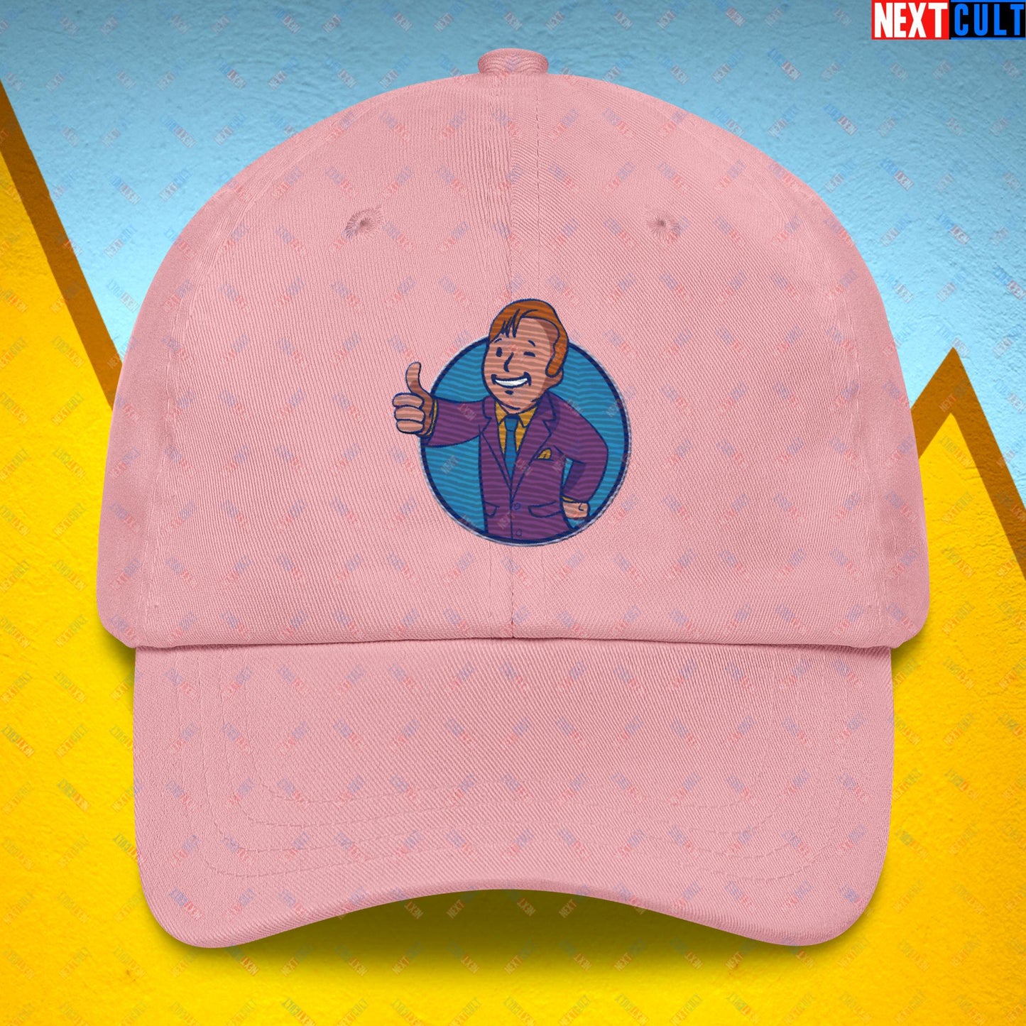 Lawyer Boy Saul Goodman Better Call Saul Vault Boy Fallout Funny Meme Cartoon Mashup Dad hat Pink Hats Better Call Saul Breaking Bad Fallout TV Shows Vault Boy Next Cult Brand