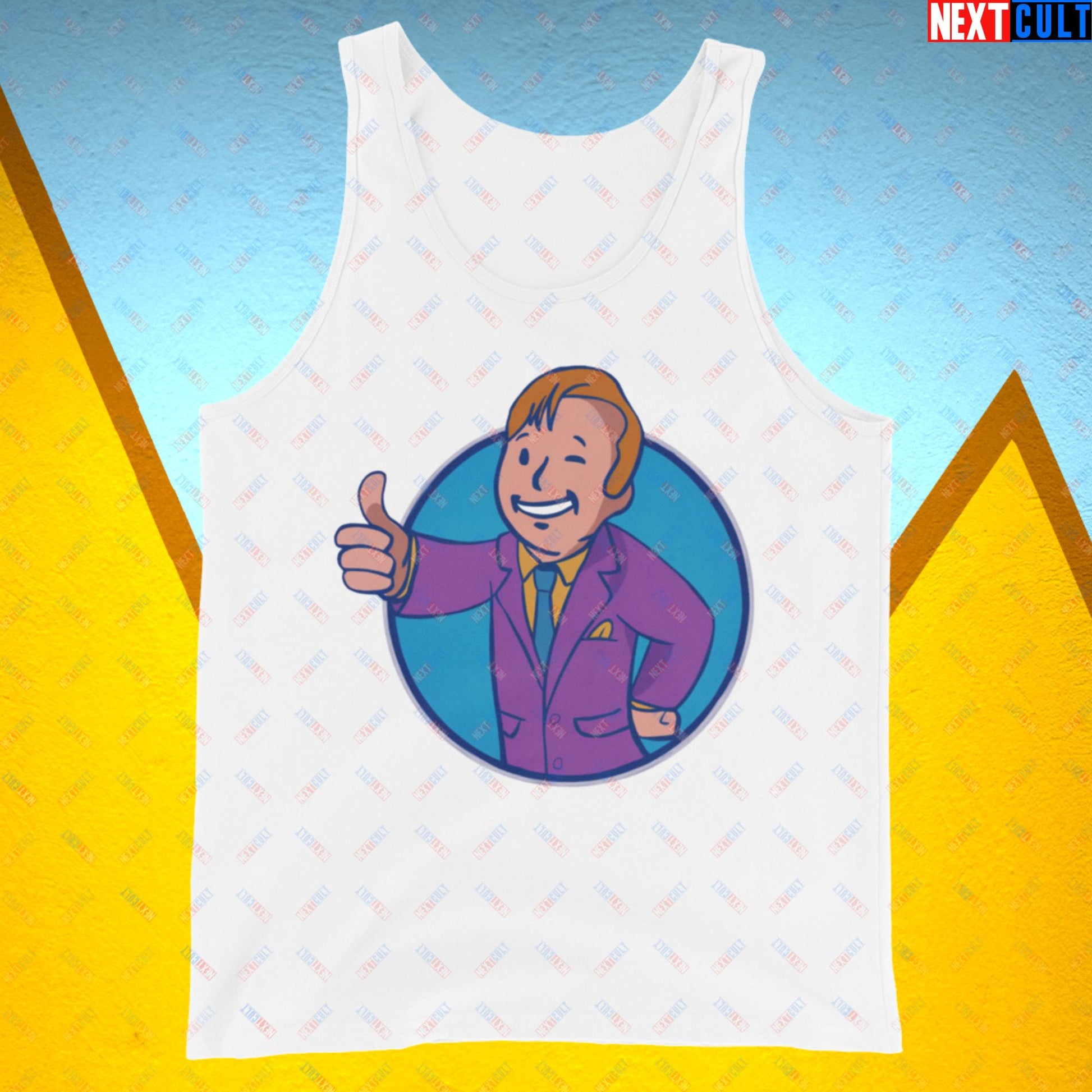 Lawyer Boy Saul Goodman Better Call Saul Vault Boy Fallout Funny Meme Cartoon Mashup Tank Top White Tank Tops Better Call Saul Breaking Bad Fallout TV Shows Vault Boy Next Cult Brand