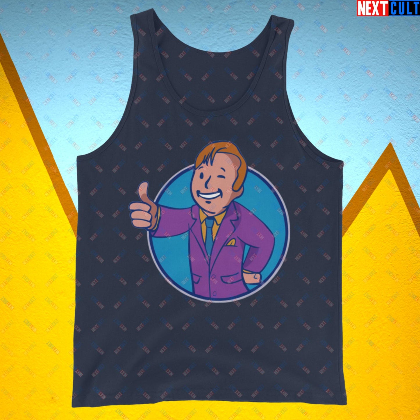 Lawyer Boy Saul Goodman Better Call Saul Vault Boy Fallout Funny Meme Cartoon Mashup Tank Top Navy Tank Tops Better Call Saul Breaking Bad Fallout TV Shows Vault Boy Next Cult Brand