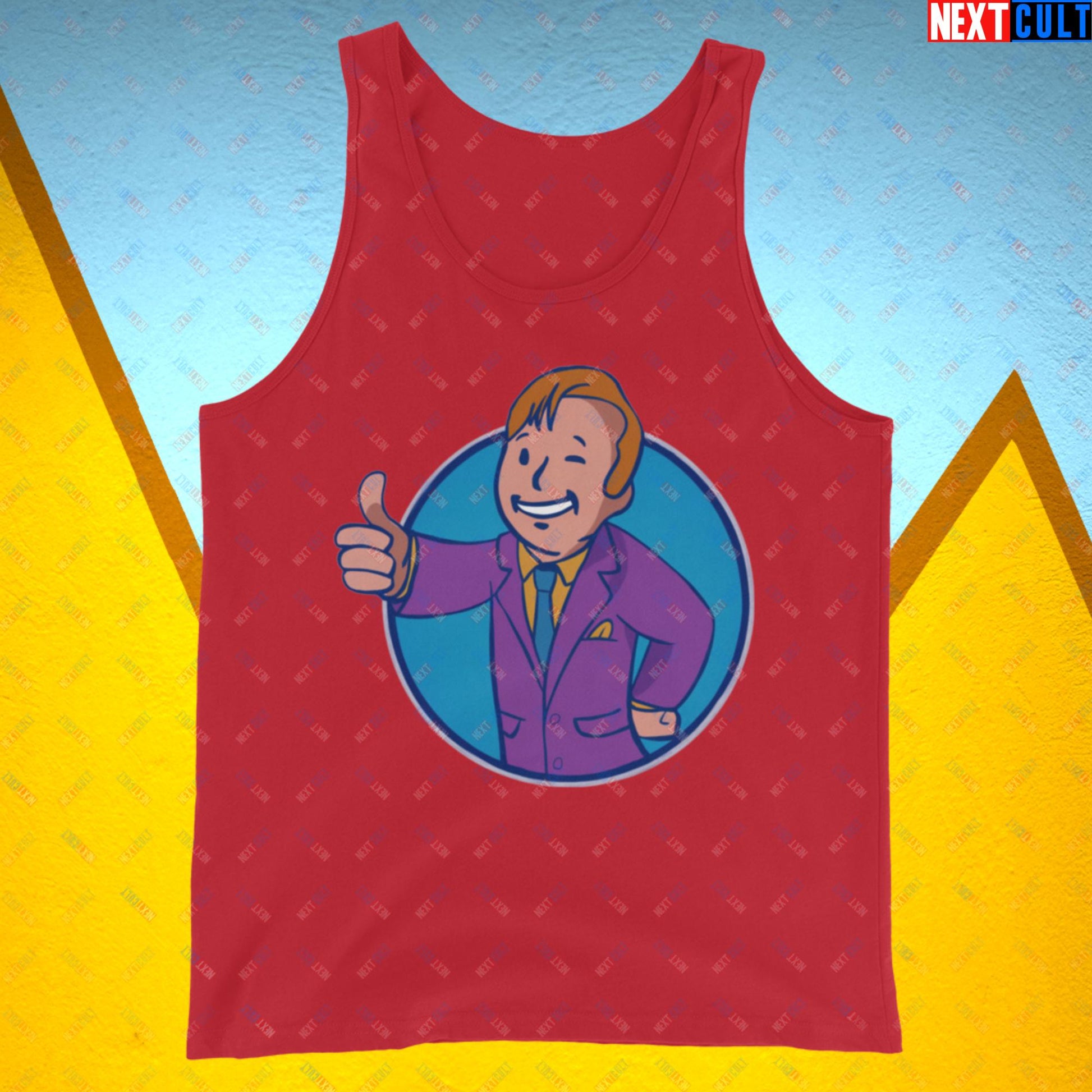 Lawyer Boy Saul Goodman Better Call Saul Vault Boy Fallout Funny Meme Cartoon Mashup Tank Top Red Tank Tops Better Call Saul Breaking Bad Fallout TV Shows Vault Boy Next Cult Brand