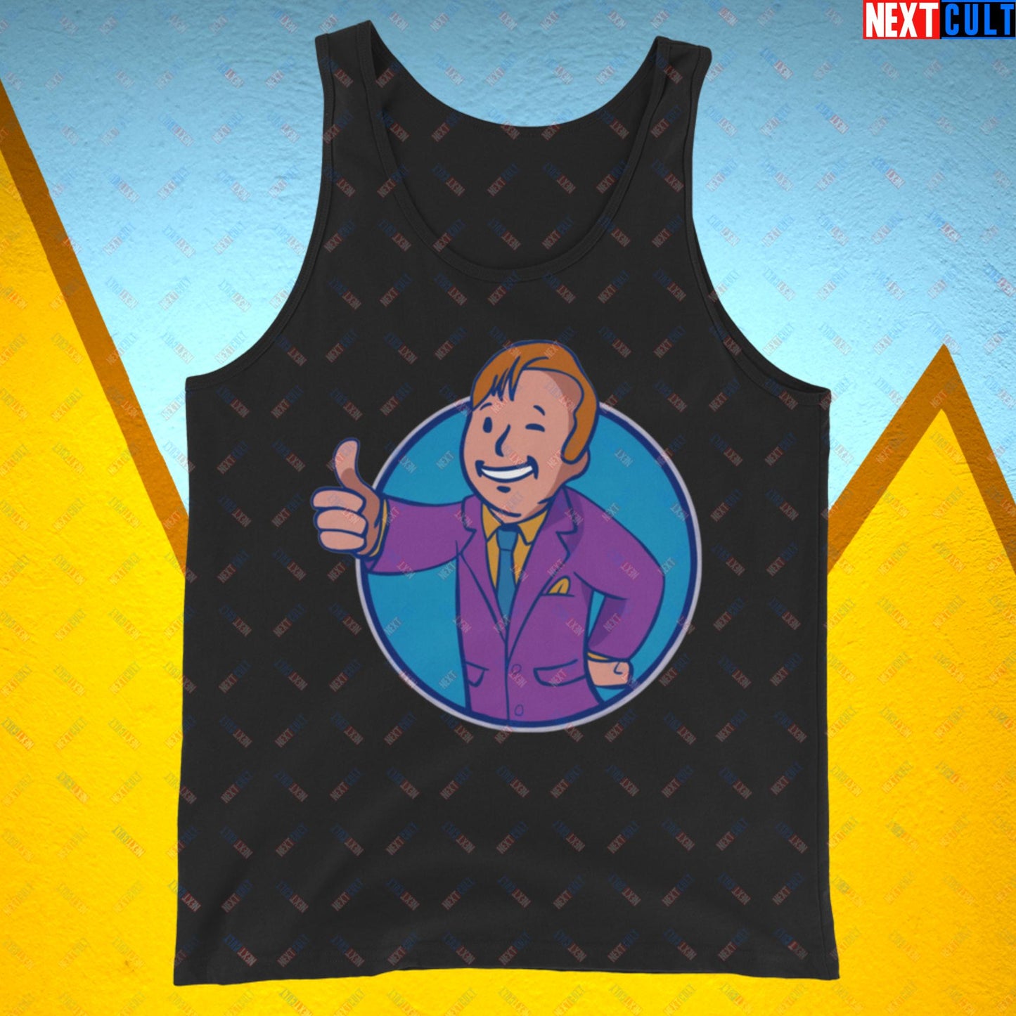 Lawyer Boy Saul Goodman Better Call Saul Vault Boy Fallout Funny Meme Cartoon Mashup Tank Top Black Tank Tops Better Call Saul Breaking Bad Fallout TV Shows Vault Boy Next Cult Brand