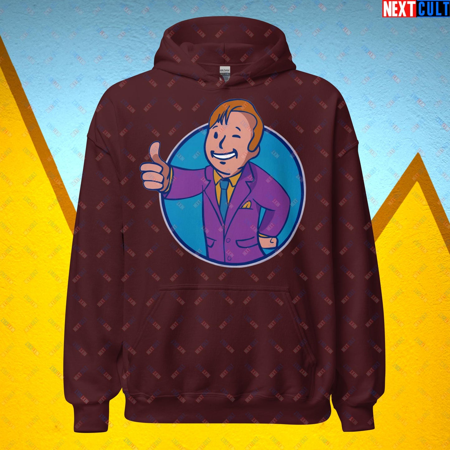 Lawyer Boy Saul Goodman Better Call Saul Vault Boy Fallout Funny Meme Cartoon Mashup Unisex Hoodie Maroon Hoodies Better Call Saul Breaking Bad Fallout TV Shows Vault Boy Next Cult Brand