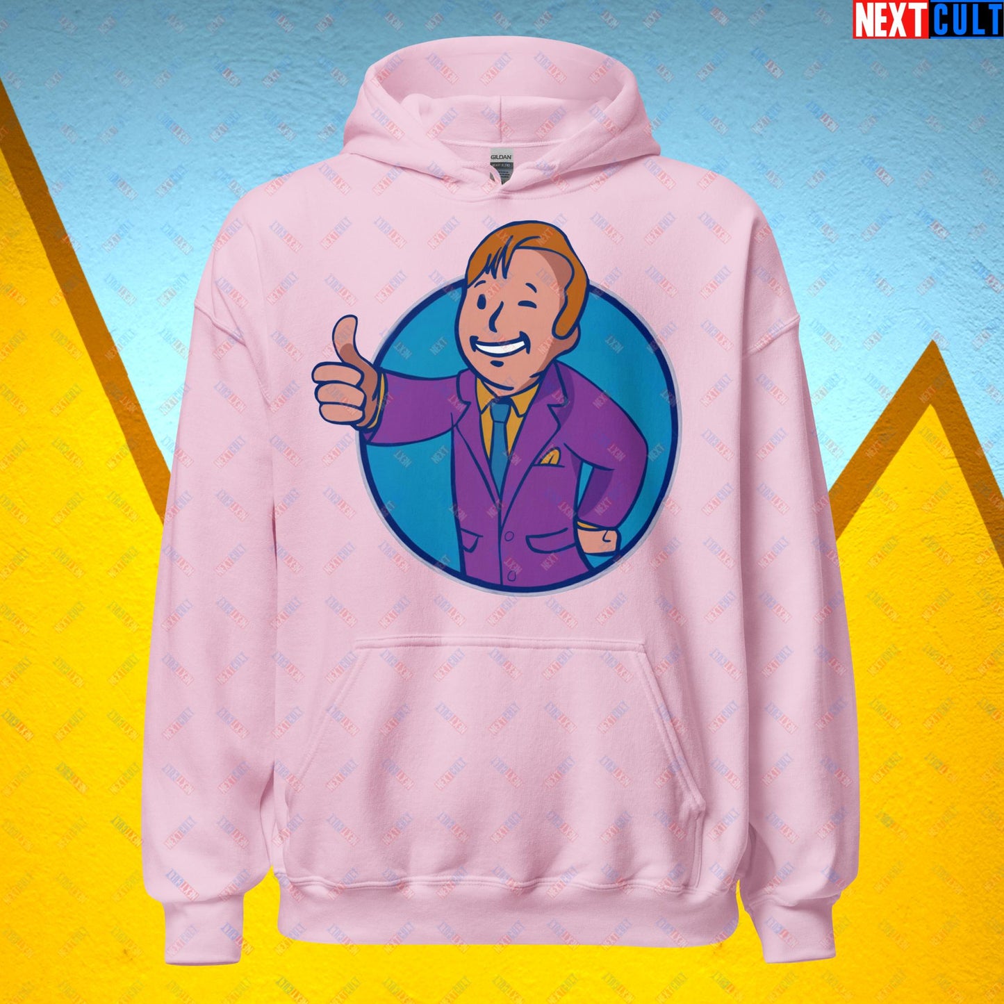 Lawyer Boy Saul Goodman Better Call Saul Vault Boy Fallout Funny Meme Cartoon Mashup Unisex Hoodie Light Pink Hoodies Better Call Saul Breaking Bad Fallout TV Shows Vault Boy Next Cult Brand