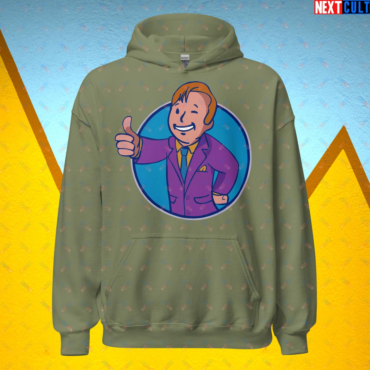 Lawyer Boy Saul Goodman Better Call Saul Vault Boy Fallout Funny Meme Cartoon Mashup Unisex Hoodie Military Green Hoodies Better Call Saul Breaking Bad Fallout TV Shows Vault Boy Next Cult Brand