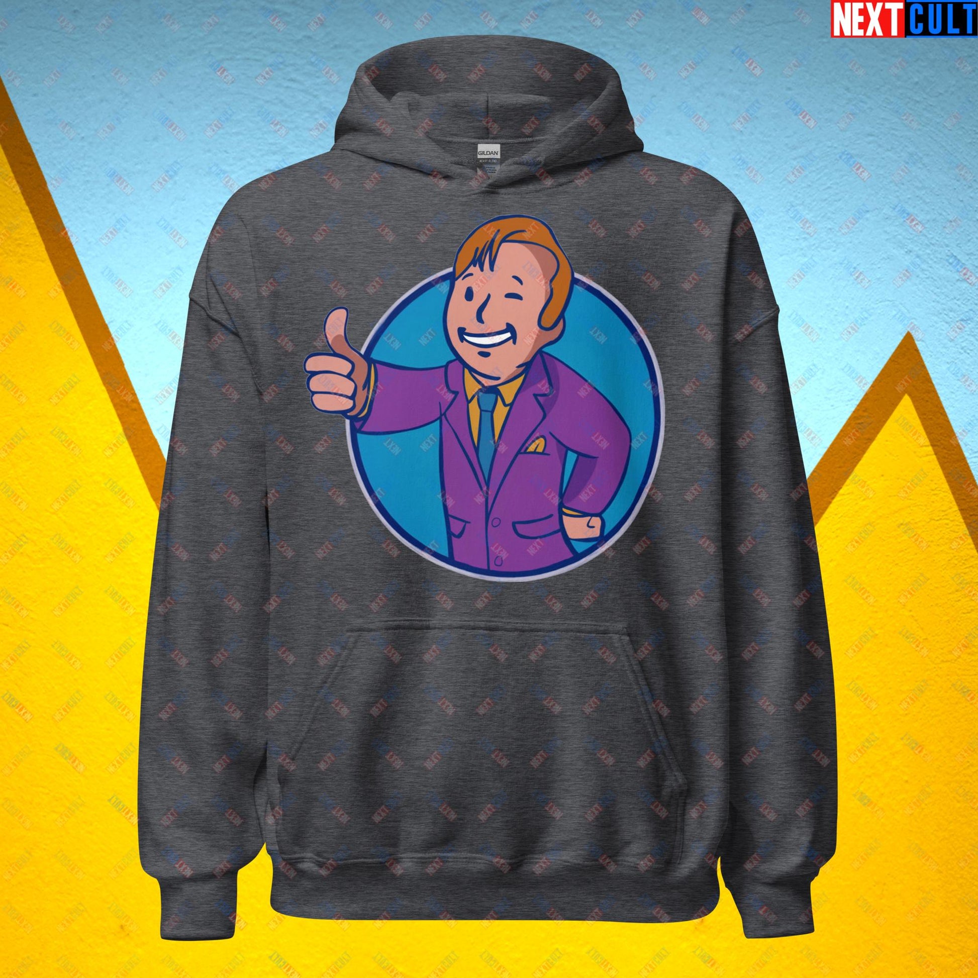 Lawyer Boy Saul Goodman Better Call Saul Vault Boy Fallout Funny Meme Cartoon Mashup Unisex Hoodie Dark Heather Hoodies Better Call Saul Breaking Bad Fallout TV Shows Vault Boy Next Cult Brand