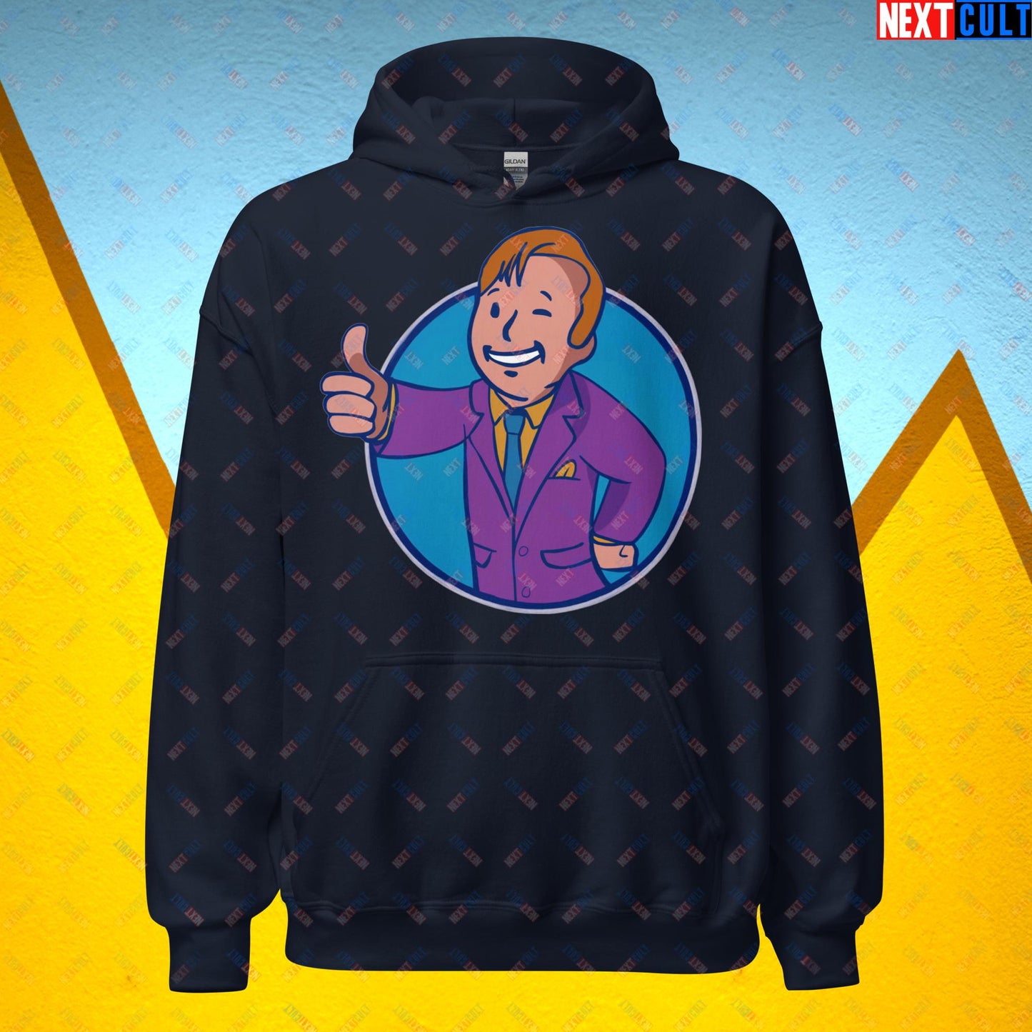 Lawyer Boy Saul Goodman Better Call Saul Vault Boy Fallout Funny Meme Cartoon Mashup Unisex Hoodie Navy Hoodies Better Call Saul Breaking Bad Fallout TV Shows Vault Boy Next Cult Brand