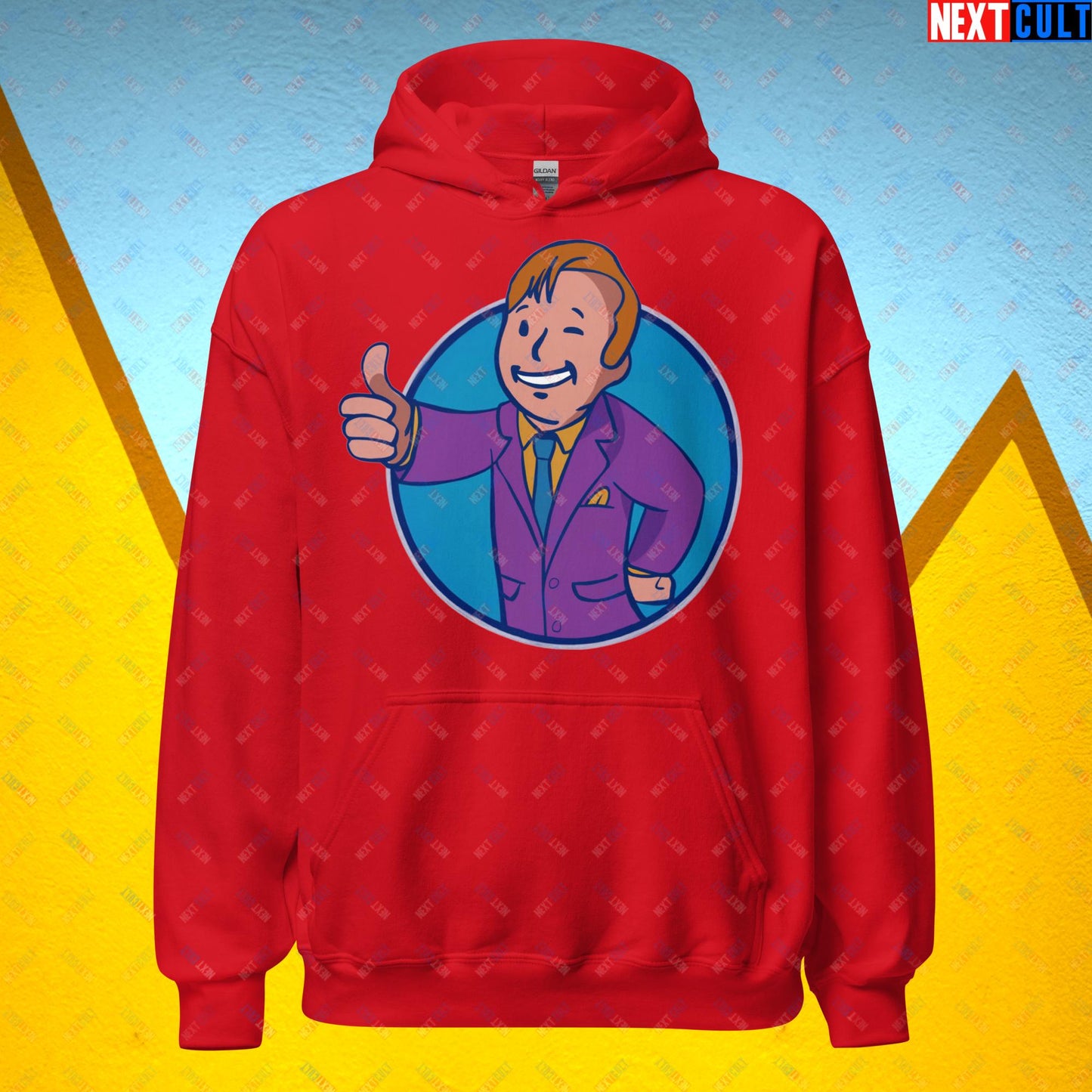 Lawyer Boy Saul Goodman Better Call Saul Vault Boy Fallout Funny Meme Cartoon Mashup Unisex Hoodie Red Hoodies Better Call Saul Breaking Bad Fallout TV Shows Vault Boy Next Cult Brand