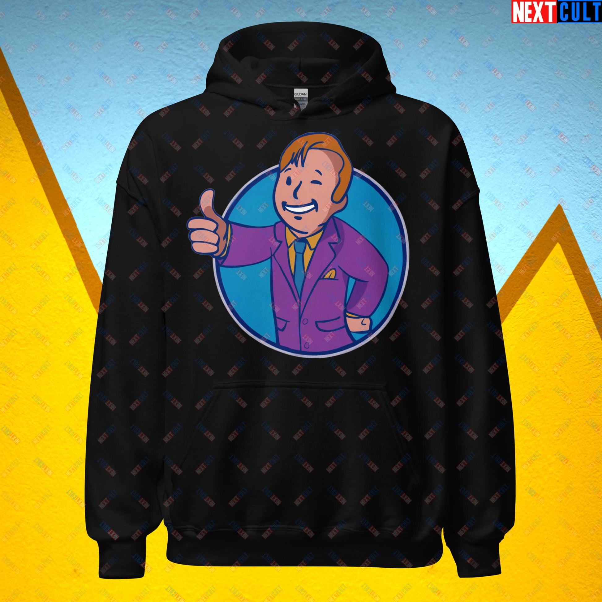 Lawyer Boy Saul Goodman Better Call Saul Vault Boy Fallout Funny Meme Cartoon Mashup Unisex Hoodie Black Hoodies Better Call Saul Breaking Bad Fallout TV Shows Vault Boy Next Cult Brand