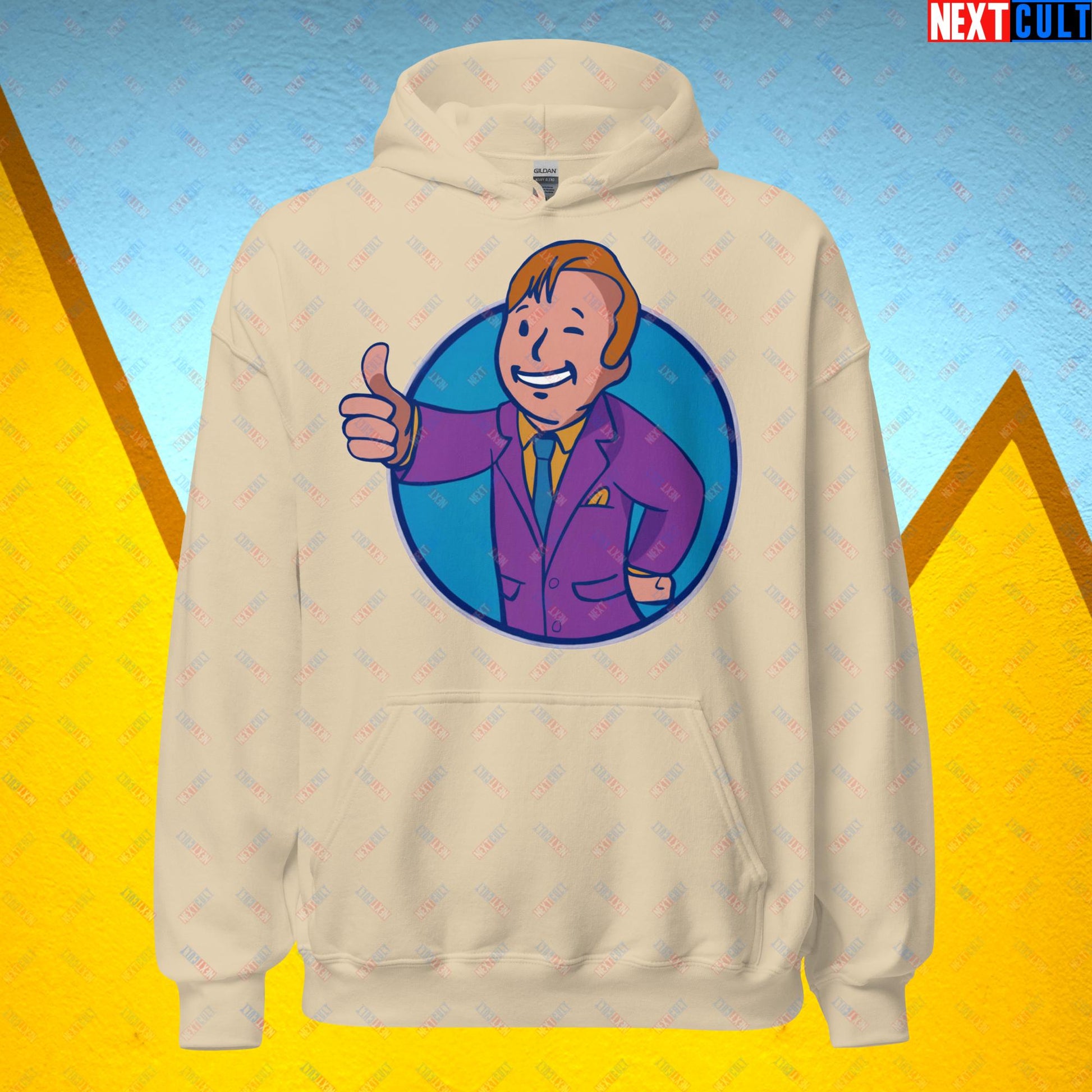 Lawyer Boy Saul Goodman Better Call Saul Vault Boy Fallout Funny Meme Cartoon Mashup Unisex Hoodie Sand Hoodies Better Call Saul Breaking Bad Fallout TV Shows Vault Boy Next Cult Brand