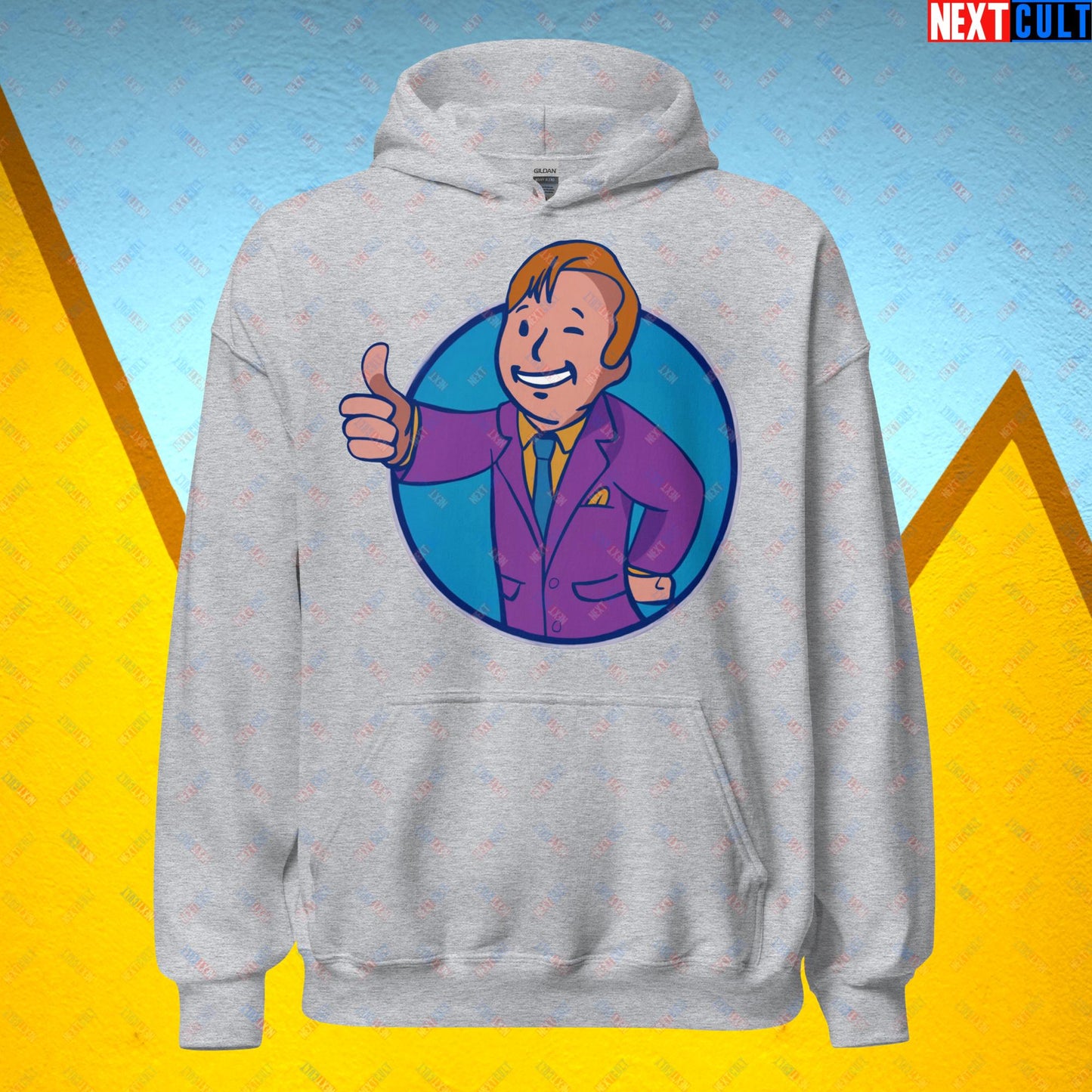 Lawyer Boy Saul Goodman Better Call Saul Vault Boy Fallout Funny Meme Cartoon Mashup Unisex Hoodie Sport Grey Hoodies Better Call Saul Breaking Bad Fallout TV Shows Vault Boy Next Cult Brand