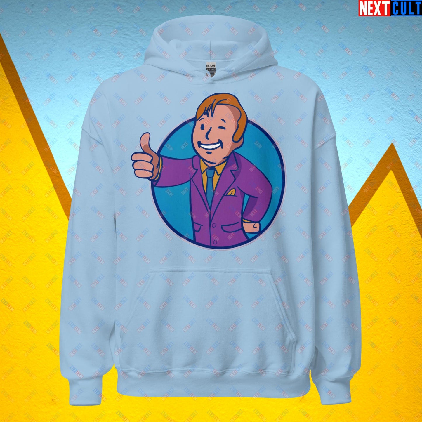 Lawyer Boy Saul Goodman Better Call Saul Vault Boy Fallout Funny Meme Cartoon Mashup Unisex Hoodie Light Blue Hoodies Better Call Saul Breaking Bad Fallout TV Shows Vault Boy Next Cult Brand