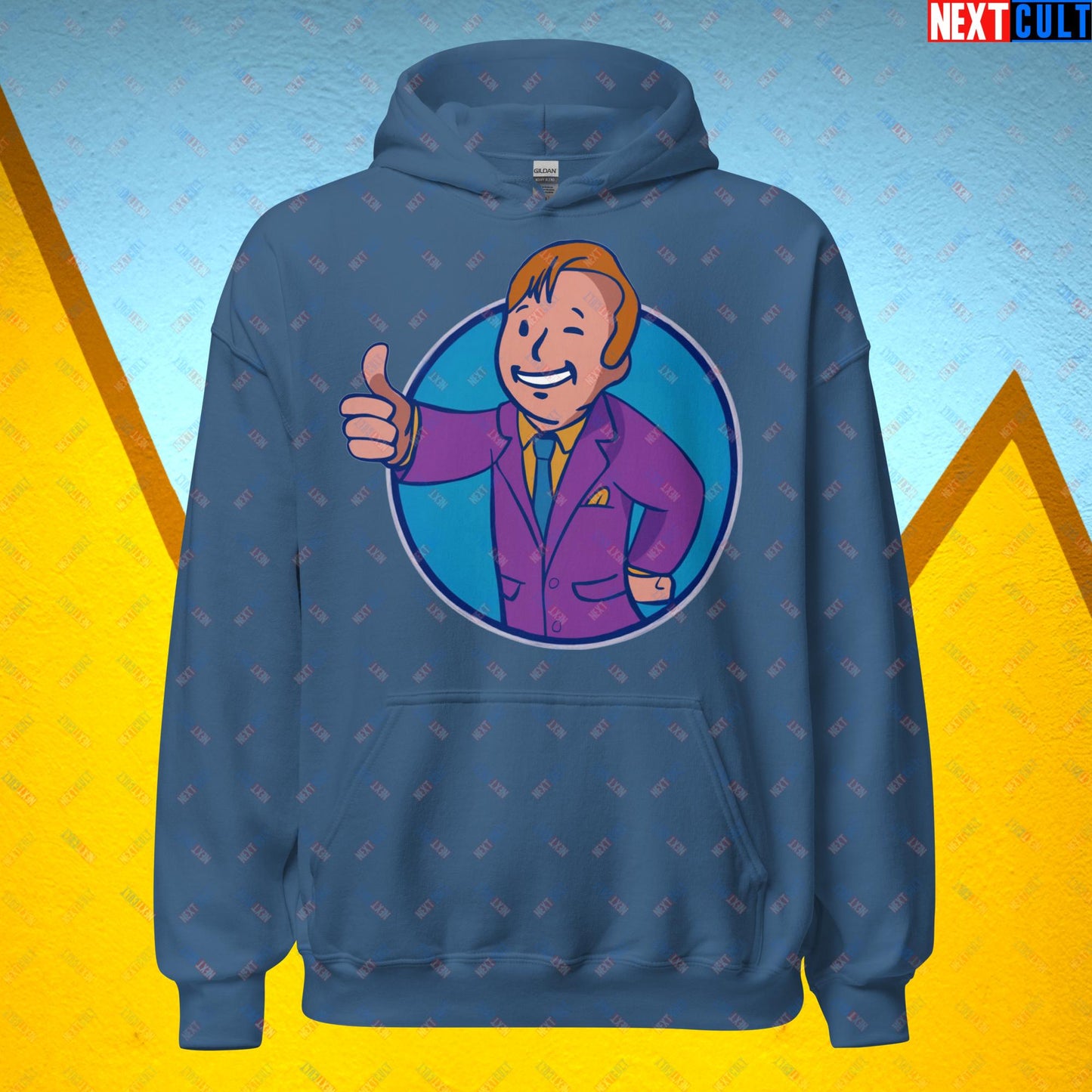 Lawyer Boy Saul Goodman Better Call Saul Vault Boy Fallout Funny Meme Cartoon Mashup Unisex Hoodie Indigo Blue Hoodies Better Call Saul Breaking Bad Fallout TV Shows Vault Boy Next Cult Brand