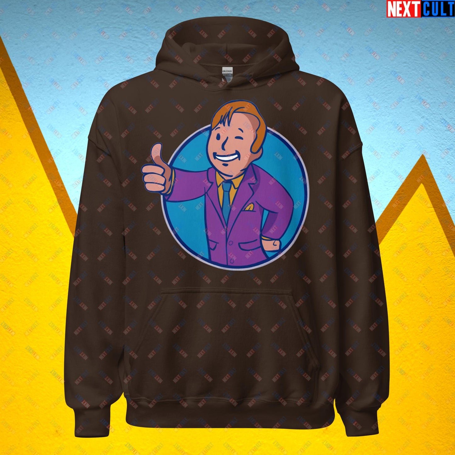 Lawyer Boy Saul Goodman Better Call Saul Vault Boy Fallout Funny Meme Cartoon Mashup Unisex Hoodie Dark Chocolate Hoodies Better Call Saul Breaking Bad Fallout TV Shows Vault Boy Next Cult Brand