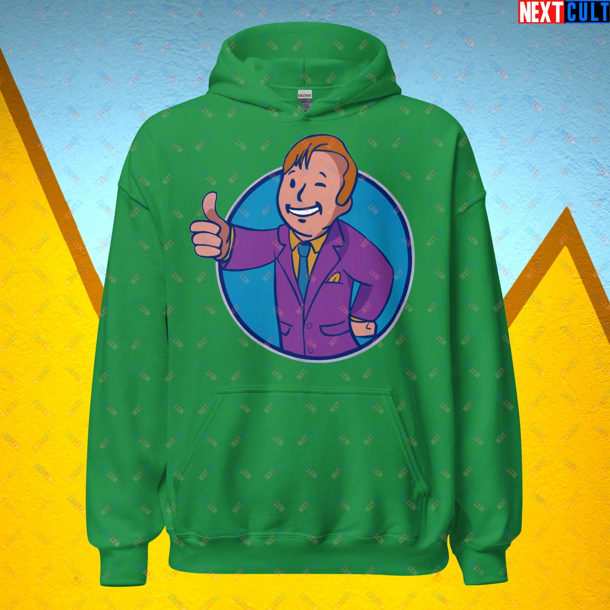 Lawyer Boy Saul Goodman Better Call Saul Vault Boy Fallout Funny Meme Cartoon Mashup Unisex Hoodie Irish Green Hoodies Better Call Saul Breaking Bad Fallout TV Shows Vault Boy Next Cult Brand