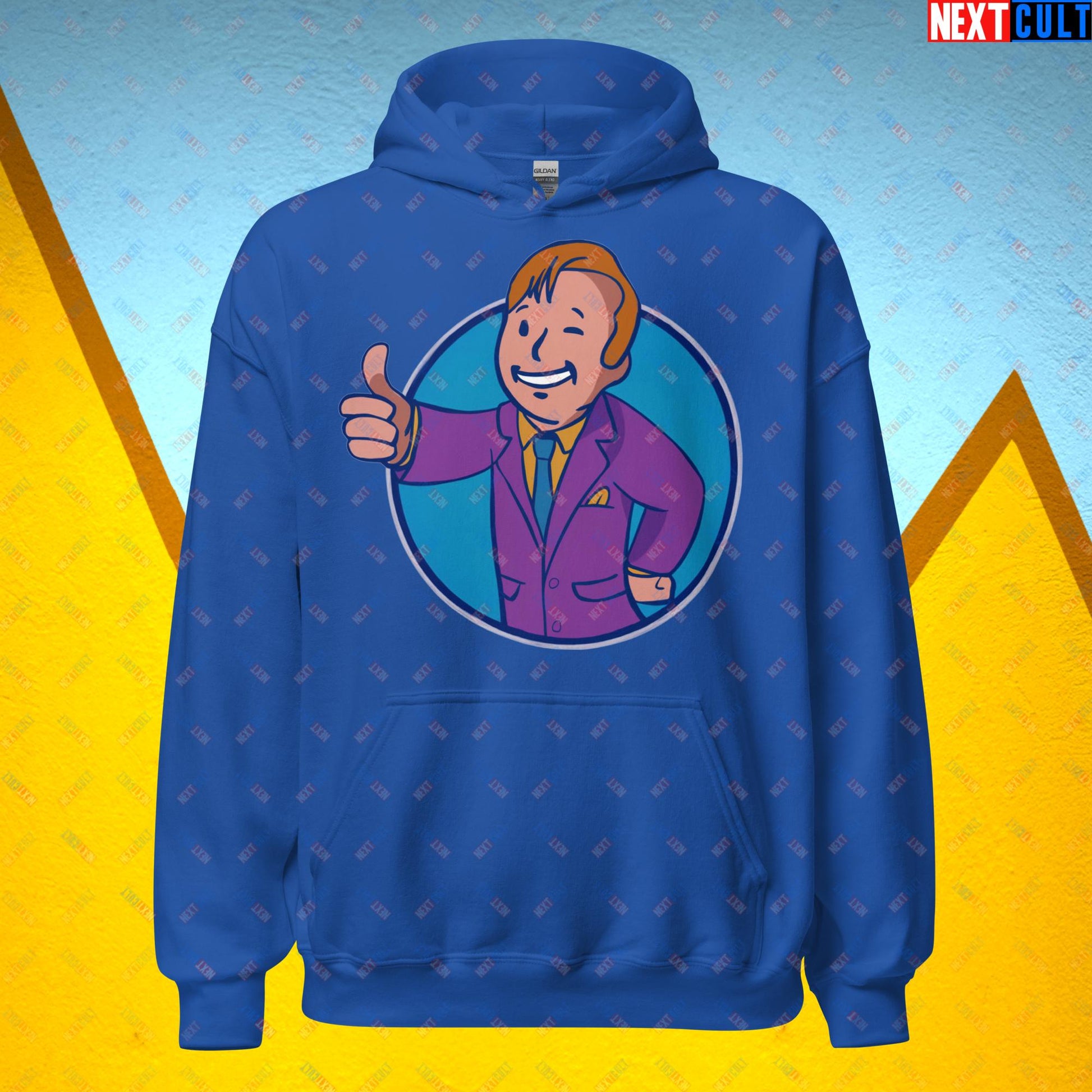 Lawyer Boy Saul Goodman Better Call Saul Vault Boy Fallout Funny Meme Cartoon Mashup Unisex Hoodie Royal Hoodies Better Call Saul Breaking Bad Fallout TV Shows Vault Boy Next Cult Brand