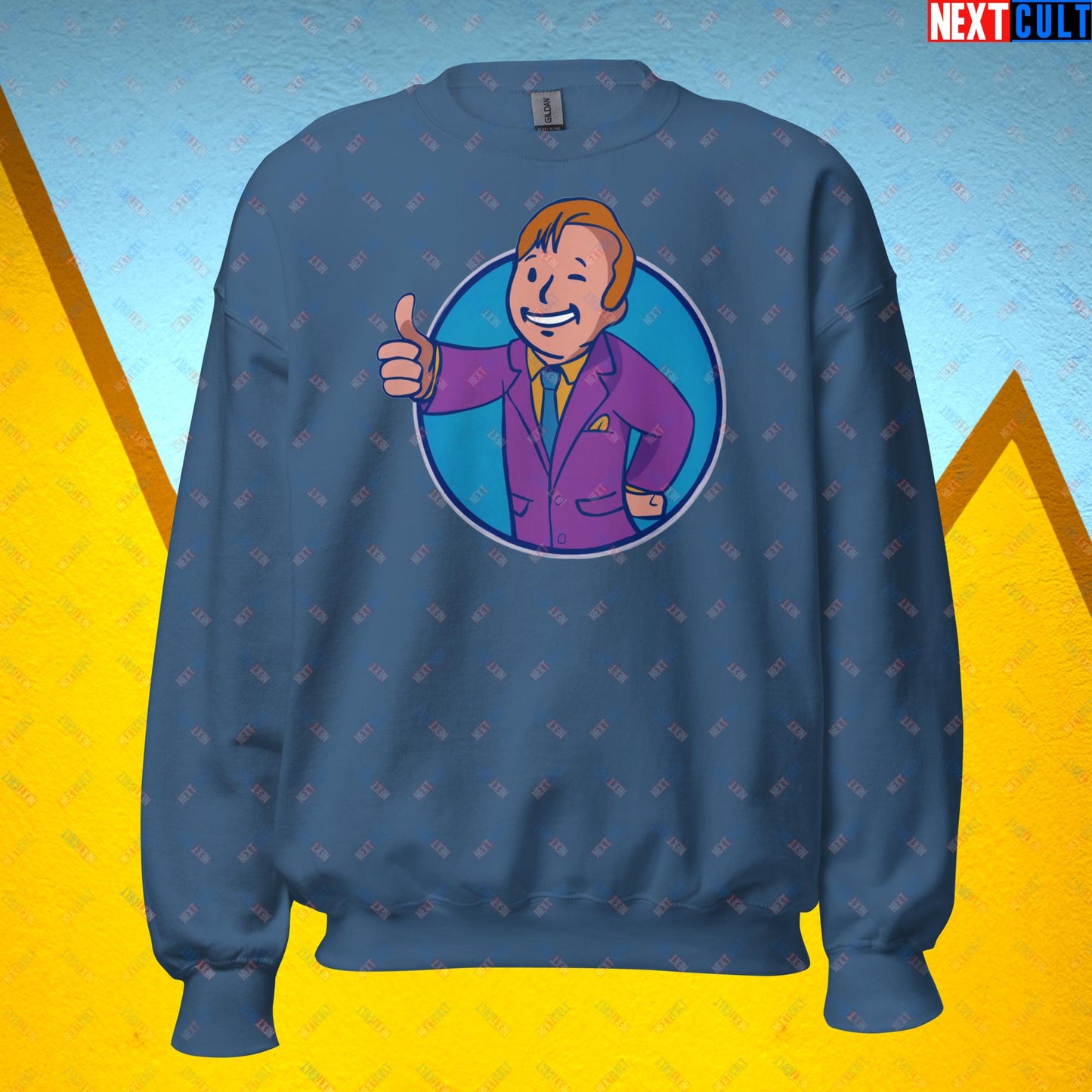 Lawyer Boy Saul Goodman Better Call Saul Vault Boy Fallout Funny Meme Cartoon Mashup Unisex Sweatshirt Indigo Blue Sweatshirts Better Call Saul Breaking Bad Fallout TV Shows Vault Boy Next Cult Brand