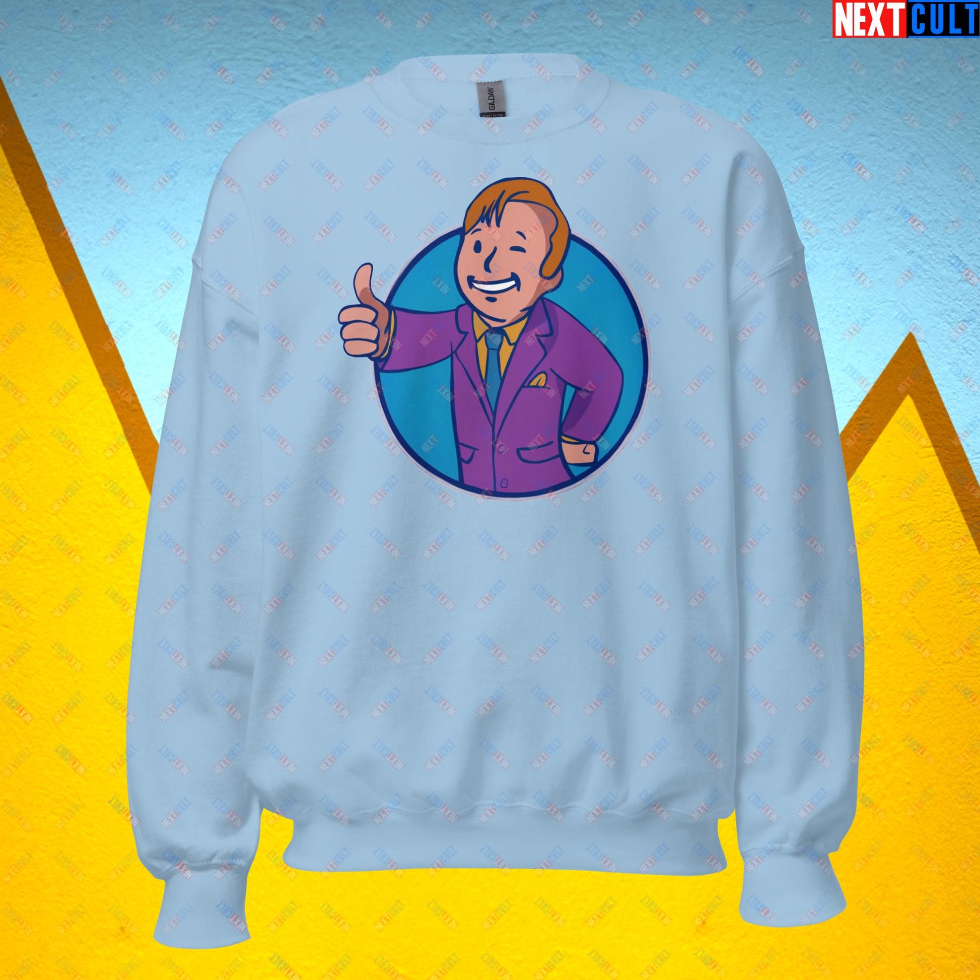 Lawyer Boy Saul Goodman Better Call Saul Vault Boy Fallout Funny Meme Cartoon Mashup Unisex Sweatshirt Light Blue Sweatshirts Better Call Saul Breaking Bad Fallout TV Shows Vault Boy Next Cult Brand