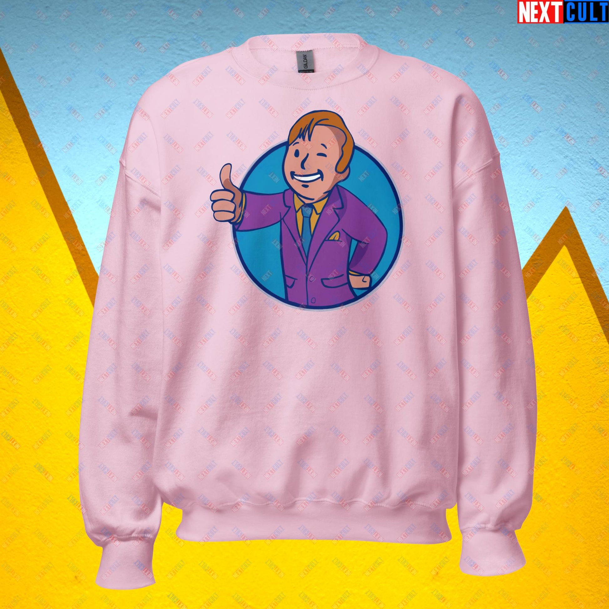 Lawyer Boy Saul Goodman Better Call Saul Vault Boy Fallout Funny Meme Cartoon Mashup Unisex Sweatshirt Light Pink Sweatshirts Better Call Saul Breaking Bad Fallout TV Shows Vault Boy Next Cult Brand