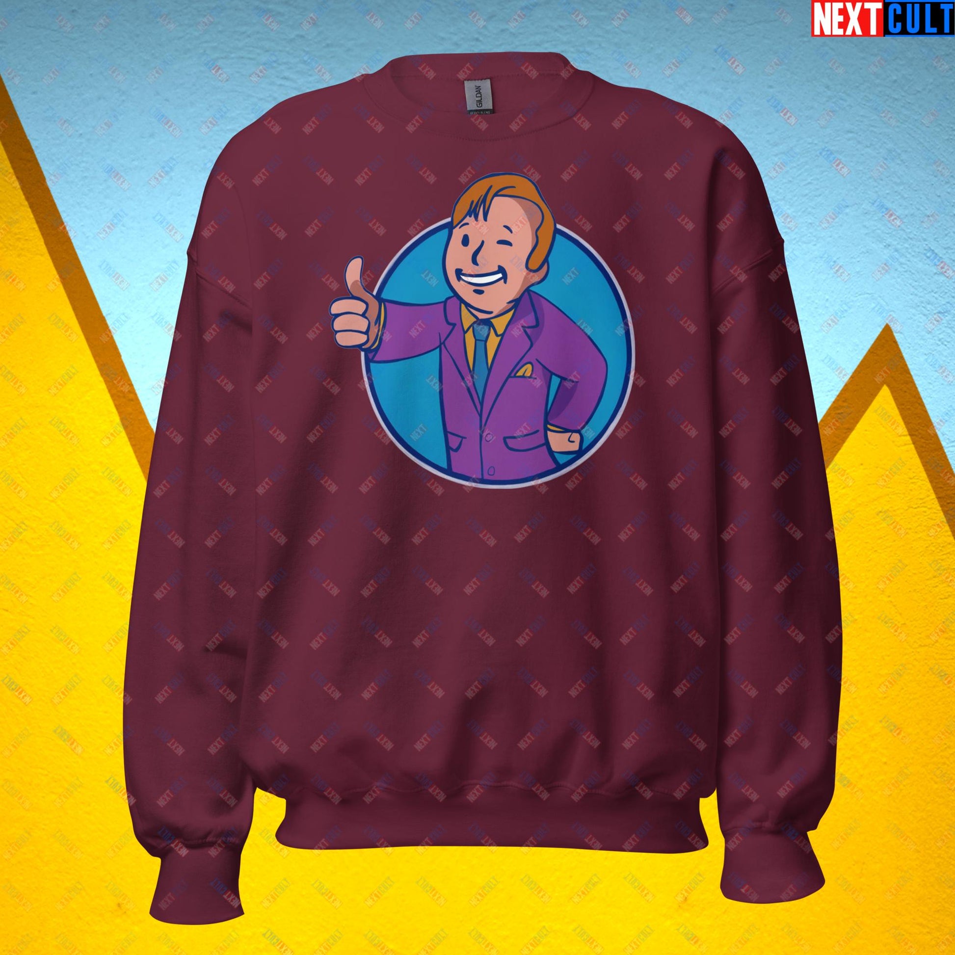 Lawyer Boy Saul Goodman Better Call Saul Vault Boy Fallout Funny Meme Cartoon Mashup Unisex Sweatshirt Maroon Sweatshirts Better Call Saul Breaking Bad Fallout TV Shows Vault Boy Next Cult Brand