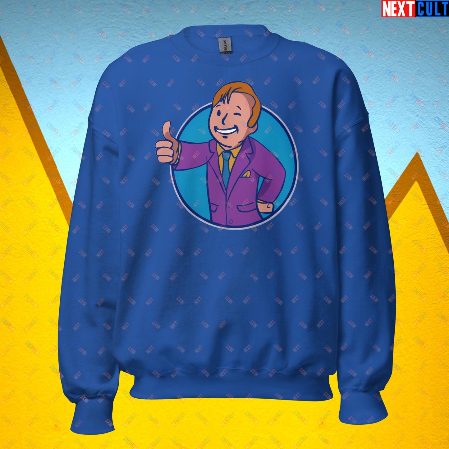 Lawyer Boy Saul Goodman Better Call Saul Vault Boy Fallout Funny Meme Cartoon Mashup Unisex Sweatshirt Royal Sweatshirts Better Call Saul Breaking Bad Fallout TV Shows Vault Boy Next Cult Brand