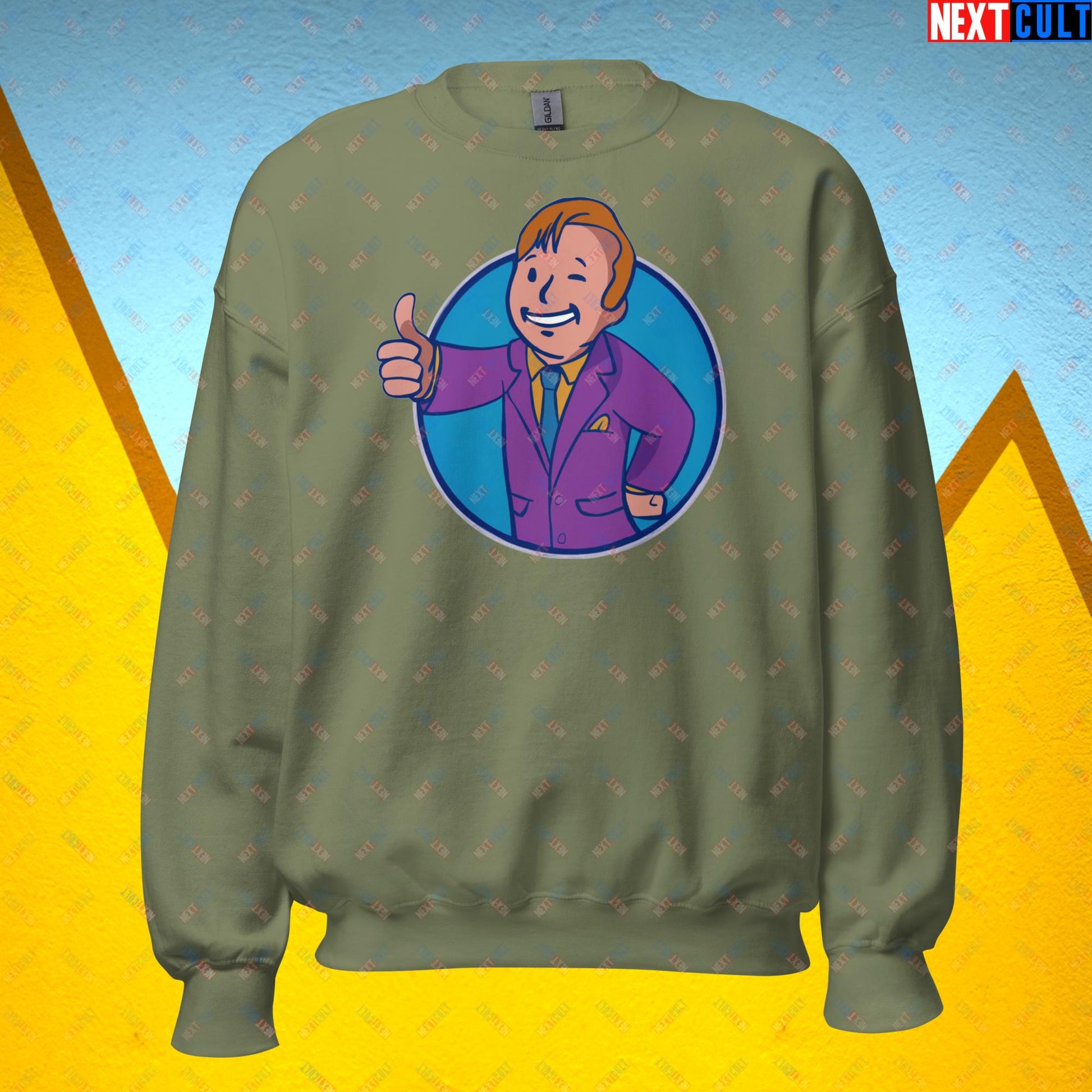 Lawyer Boy Saul Goodman Better Call Saul Vault Boy Fallout Funny Meme Cartoon Mashup Unisex Sweatshirt Military Green Sweatshirts Better Call Saul Breaking Bad Fallout TV Shows Vault Boy Next Cult Brand