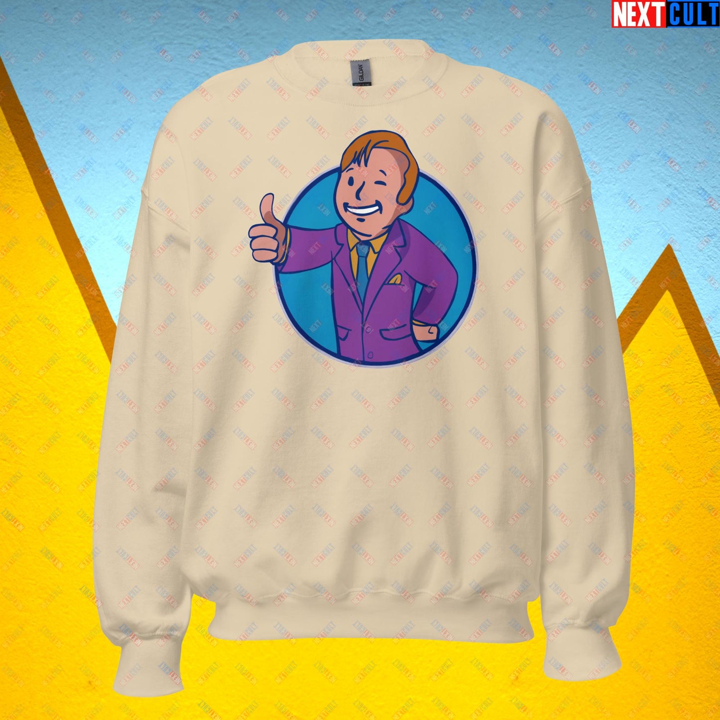 Lawyer Boy Saul Goodman Better Call Saul Vault Boy Fallout Funny Meme Cartoon Mashup Unisex Sweatshirt Sand Sweatshirts Better Call Saul Breaking Bad Fallout TV Shows Vault Boy Next Cult Brand