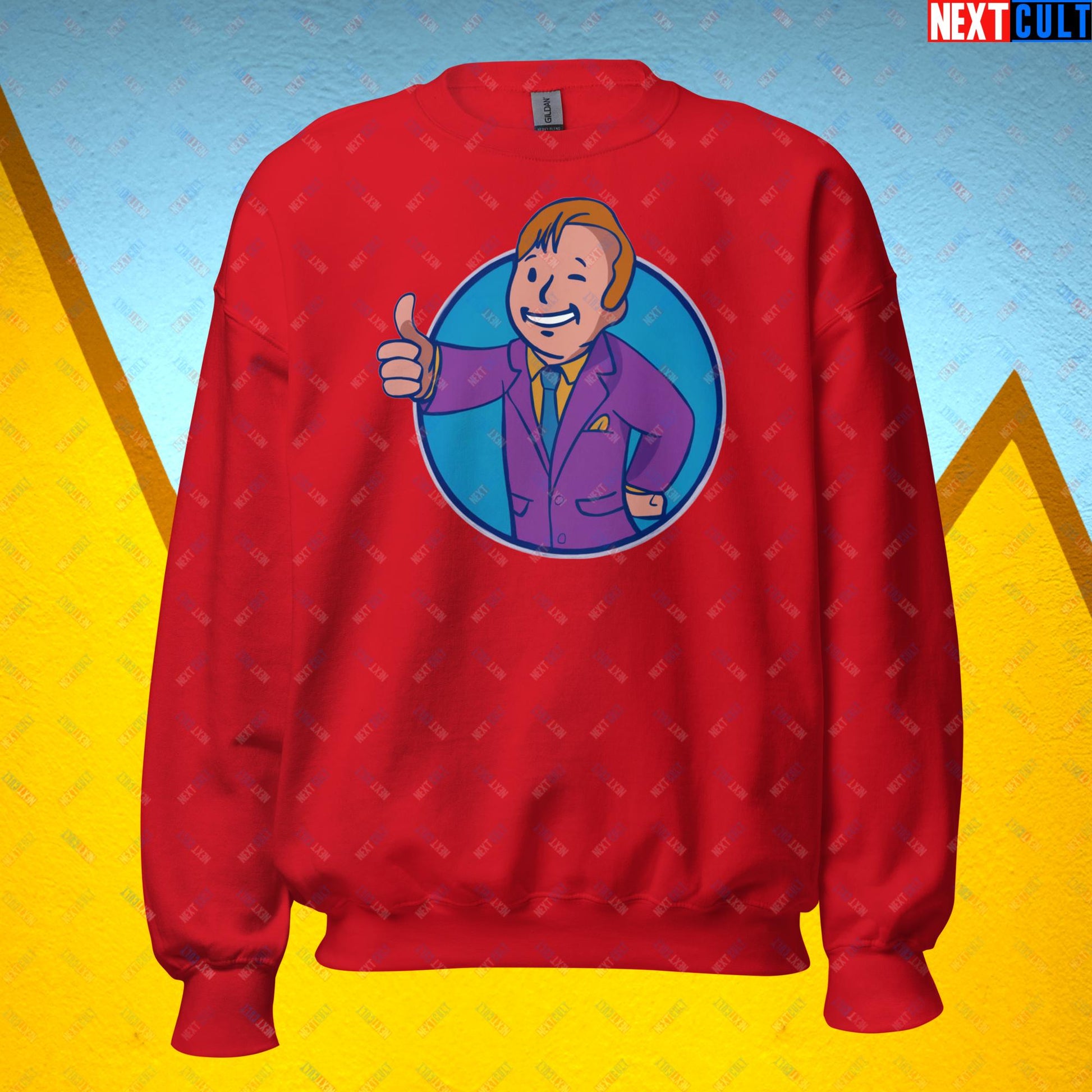 Lawyer Boy Saul Goodman Better Call Saul Vault Boy Fallout Funny Meme Cartoon Mashup Unisex Sweatshirt Red Sweatshirts Better Call Saul Breaking Bad Fallout TV Shows Vault Boy Next Cult Brand