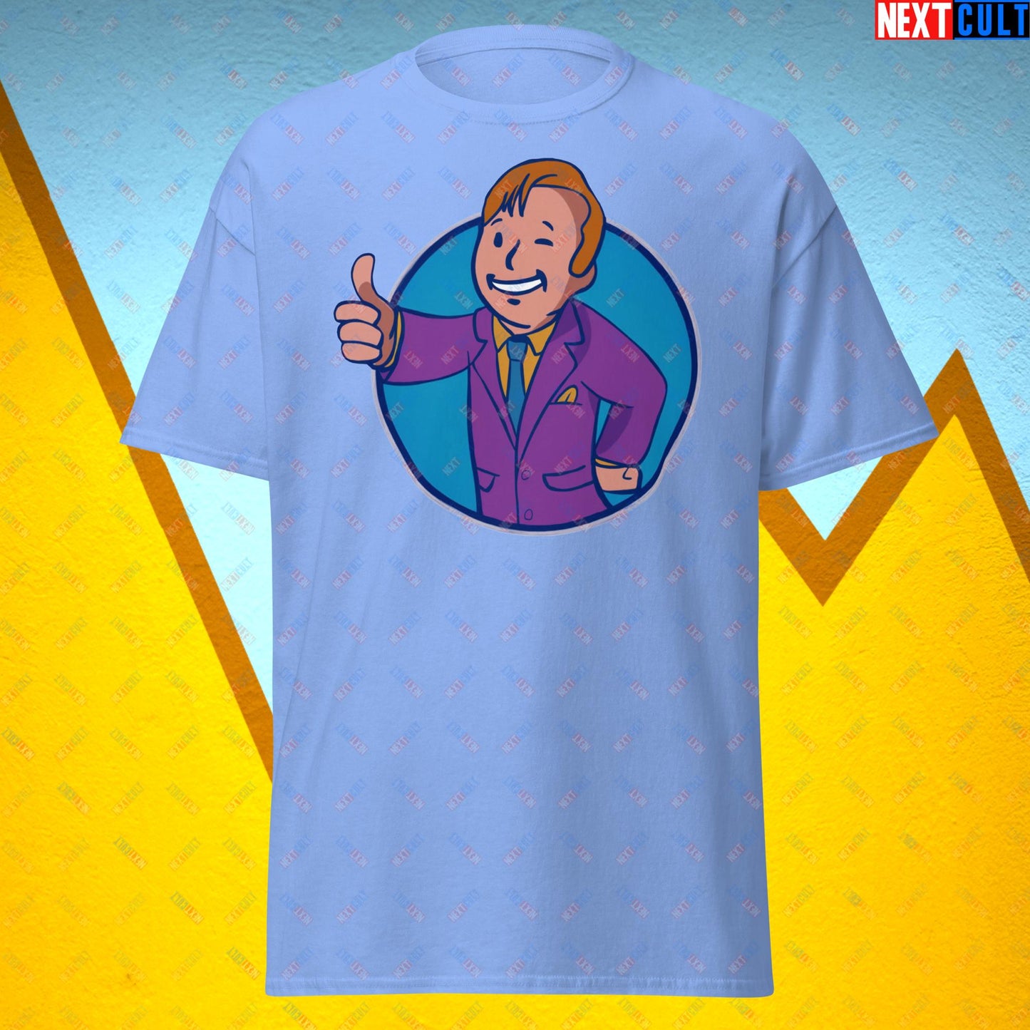 Lawyer Boy Saul Goodman Better Call Saul Vault Boy Fallout Funny Meme Cartoon Mashup Unisex tee Carolina Blue T-shirts Better Call Saul Breaking Bad Fallout TV Shows Vault Boy Next Cult Brand