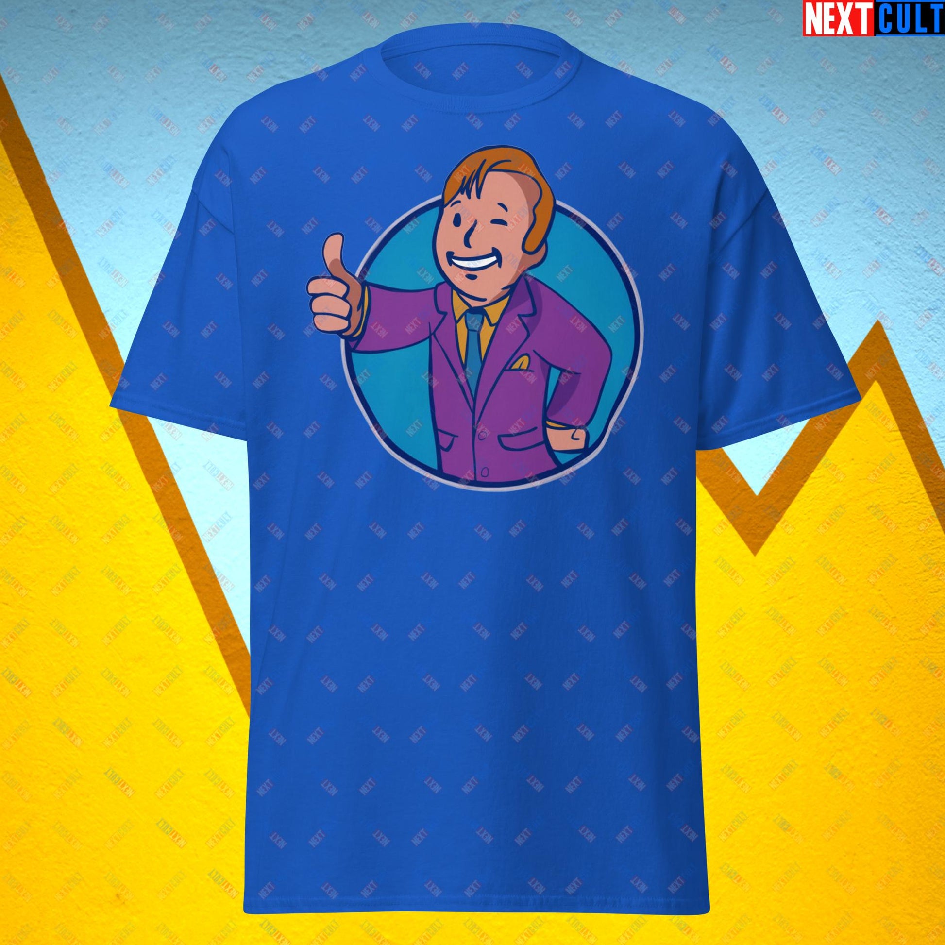 Lawyer Boy Saul Goodman Better Call Saul Vault Boy Fallout Funny Meme Cartoon Mashup Unisex tee Royal T-shirts Better Call Saul Breaking Bad Fallout TV Shows Vault Boy Next Cult Brand