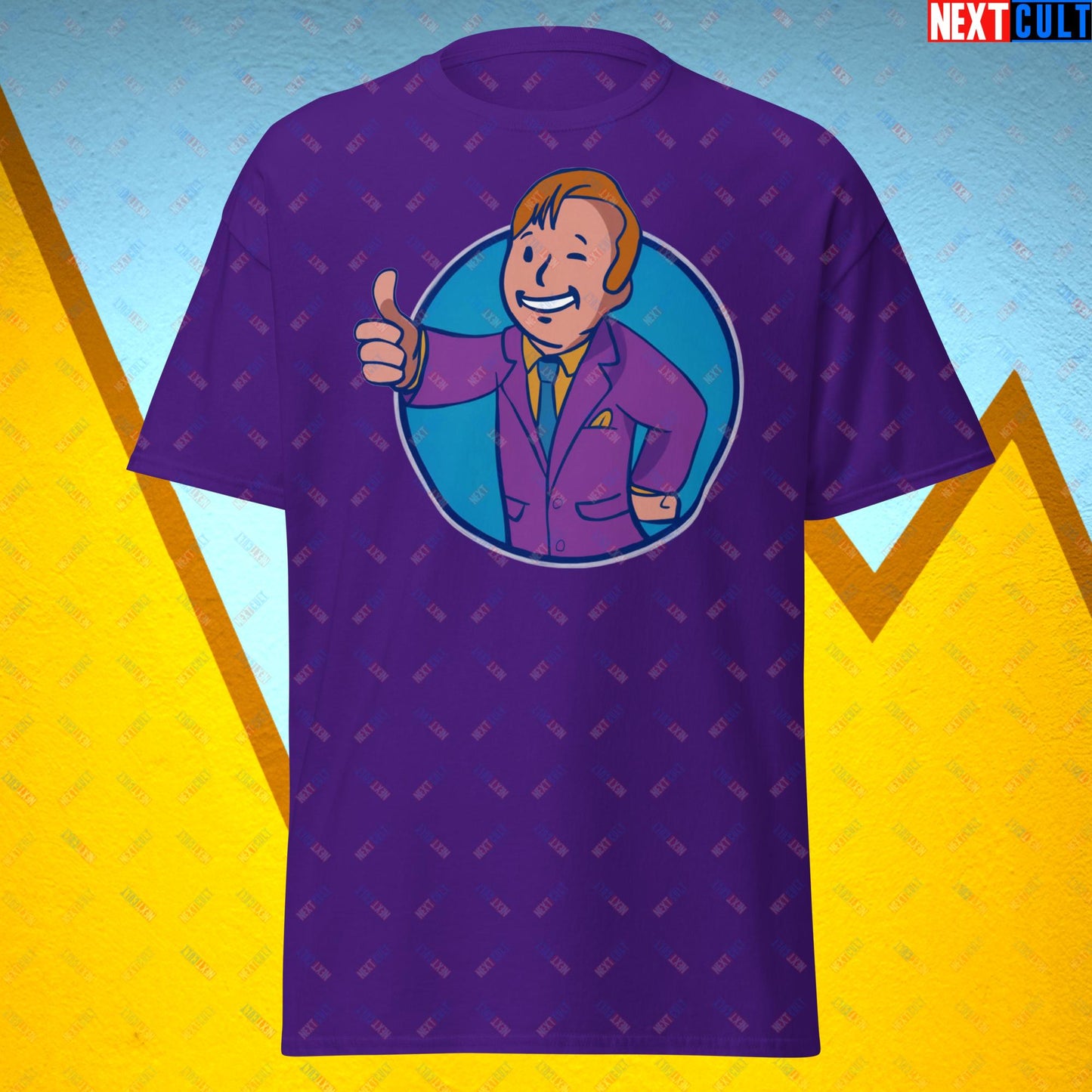 Lawyer Boy Saul Goodman Better Call Saul Vault Boy Fallout Funny Meme Cartoon Mashup Unisex tee Purple T-shirts Better Call Saul Breaking Bad Fallout TV Shows Vault Boy Next Cult Brand