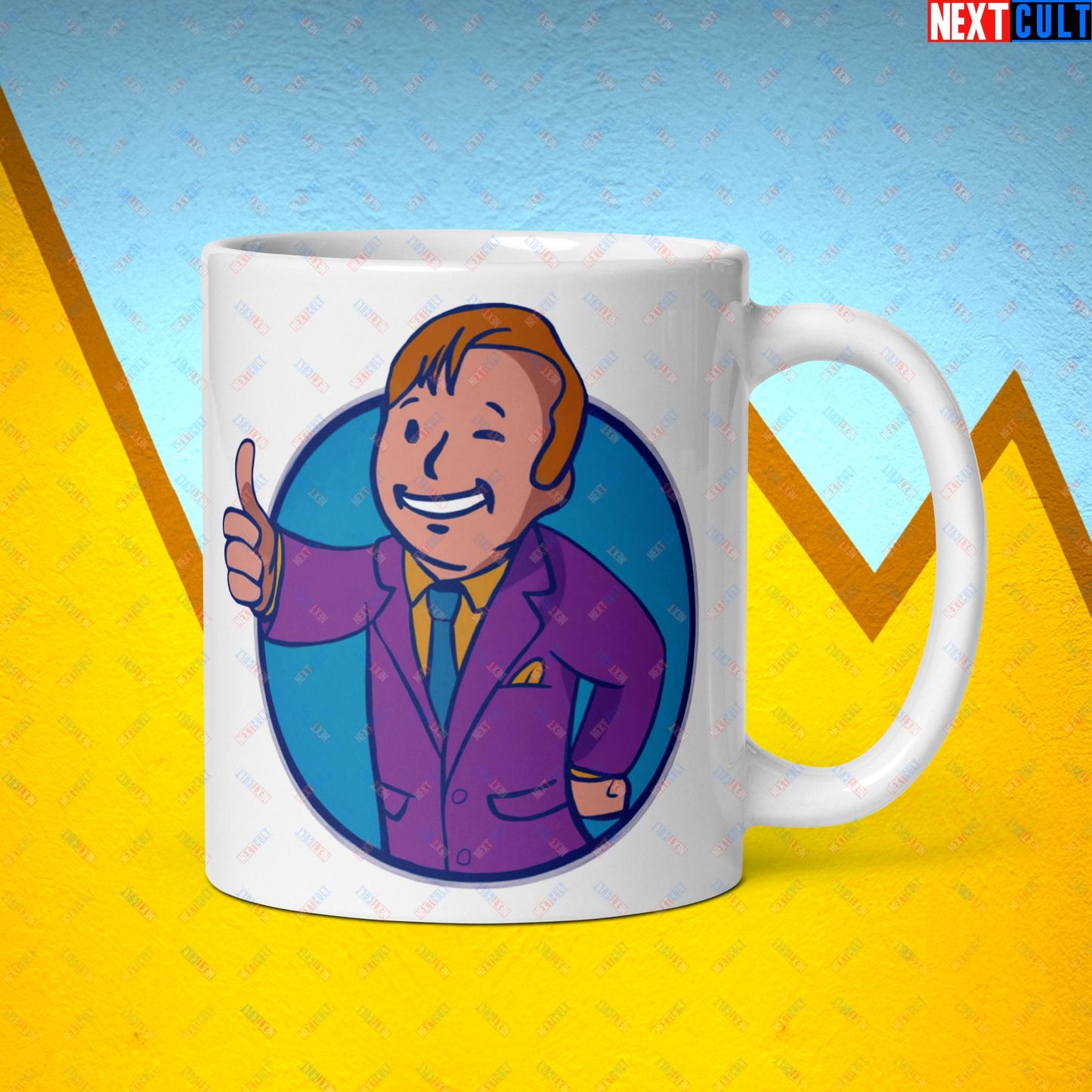 Lawyer Boy Saul Goodman Better Call Saul Vault Boy Fallout Funny Meme Cartoon Mashup White glossy mug Default Title Mugs Better Call Saul Breaking Bad Fallout TV Shows Vault Boy Next Cult Brand