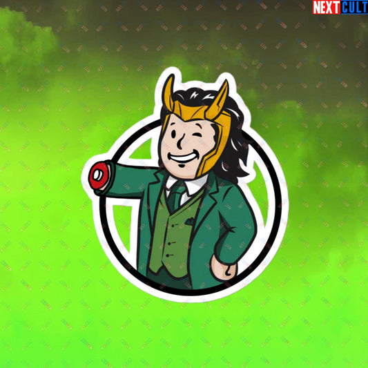 Loki Vault Boy Fallout Funny Meme Cartoon Mashup Bubble-free stickers 4″×4″ Stickers Fallout Loki Movies Superheroes Tom Hiddleston TV Shows Vault Boy Next Cult Brand