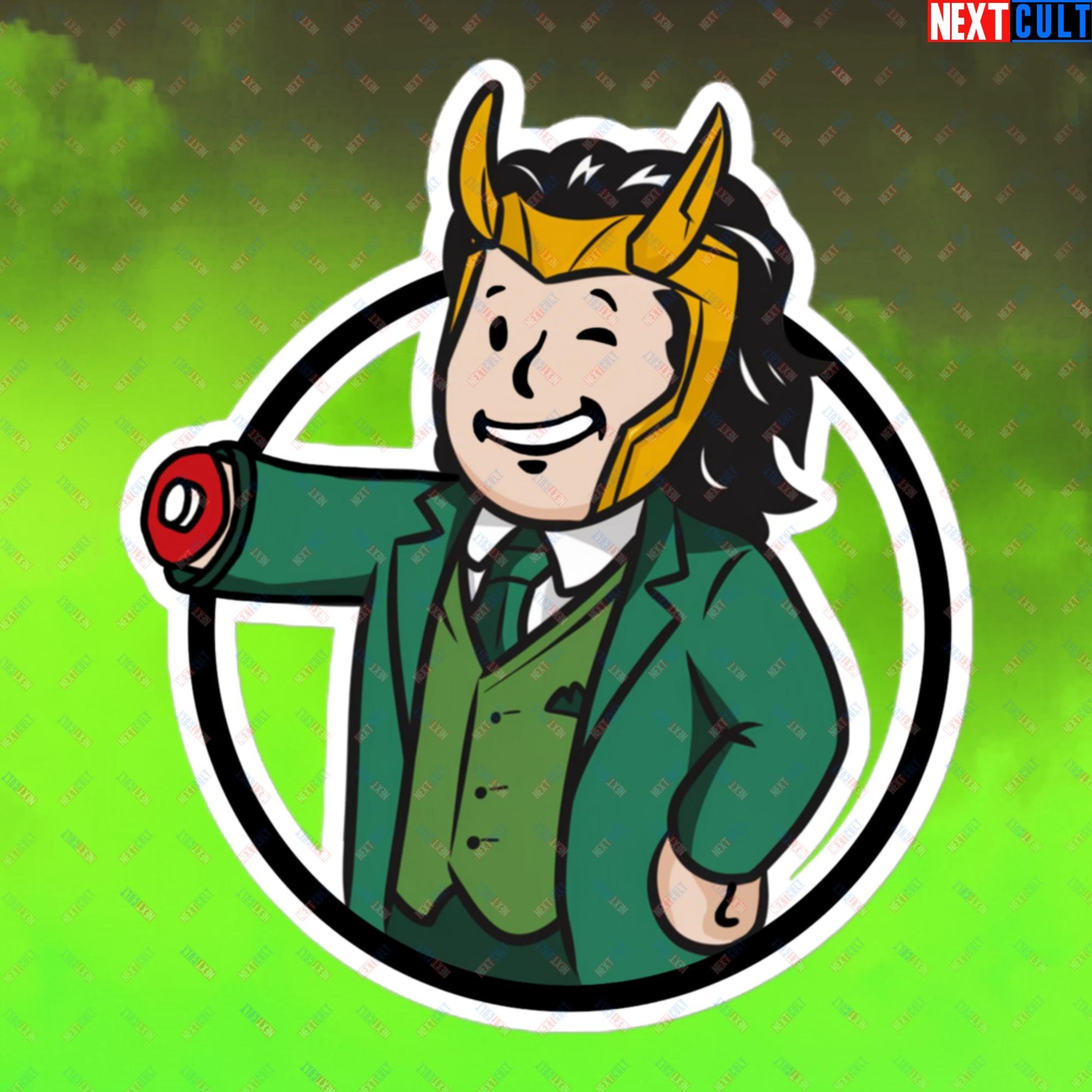 Loki Vault Boy Fallout Funny Meme Cartoon Mashup Bubble-free stickers 5.5″×5.5″ Stickers Fallout Loki Movies Superheroes Tom Hiddleston TV Shows Vault Boy Next Cult Brand