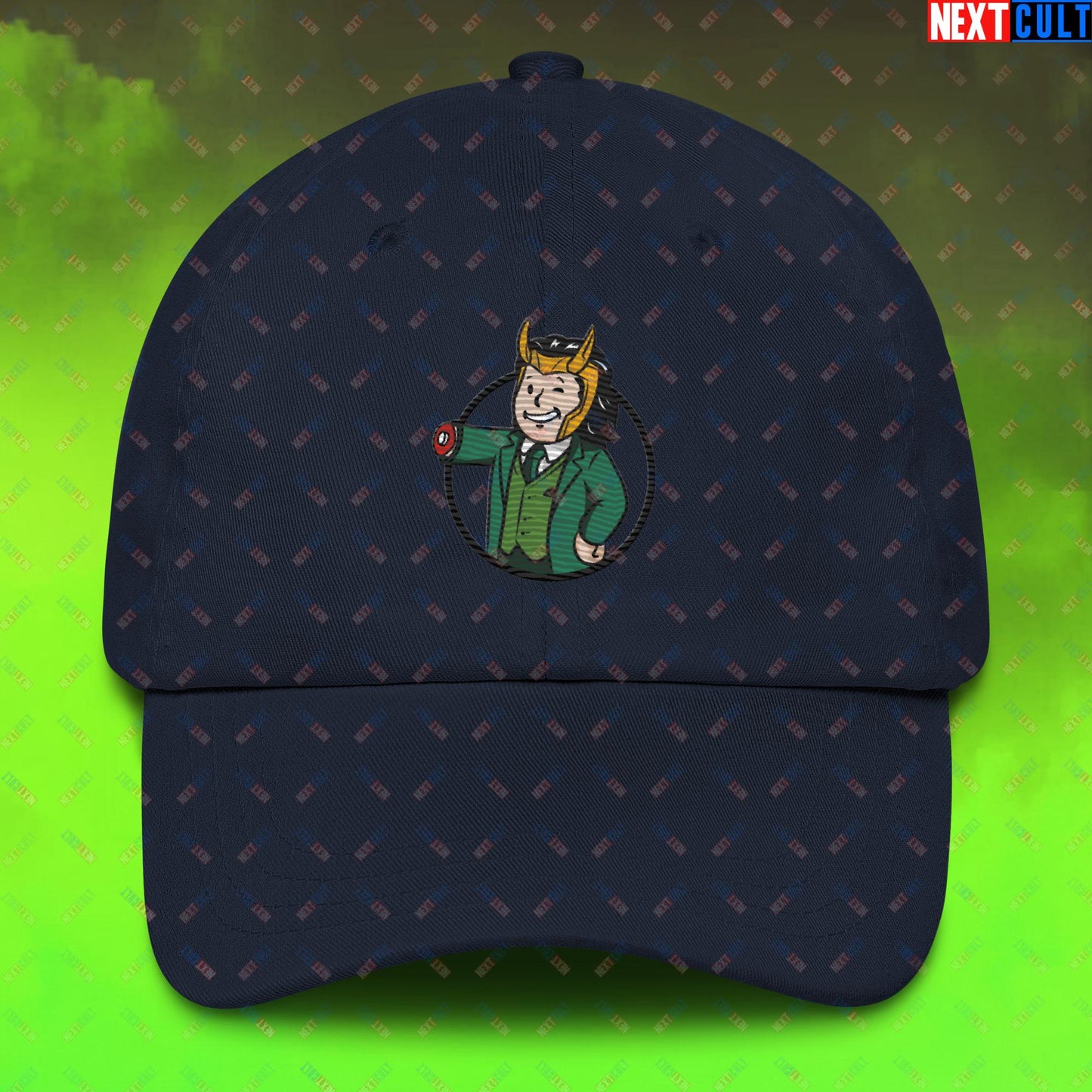 Loki Vault Boy Fallout Funny Meme Cartoon Mashup Dad hat Next Cult Brand