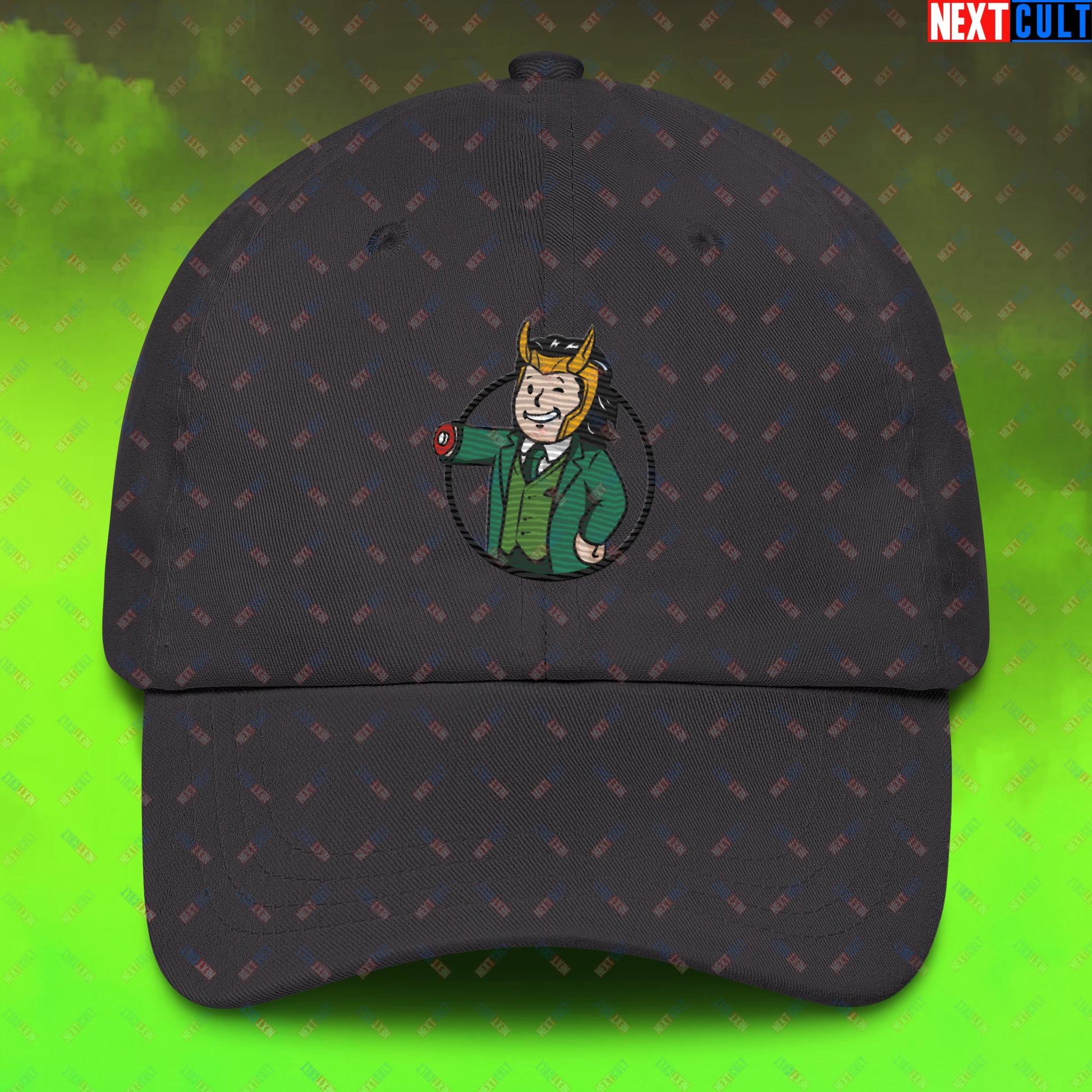 Loki Vault Boy Fallout Funny Meme Cartoon Mashup Dad hat Dark Grey Hats Fallout Loki Movies Superheroes Tom Hiddleston TV Shows Vault Boy Next Cult Brand