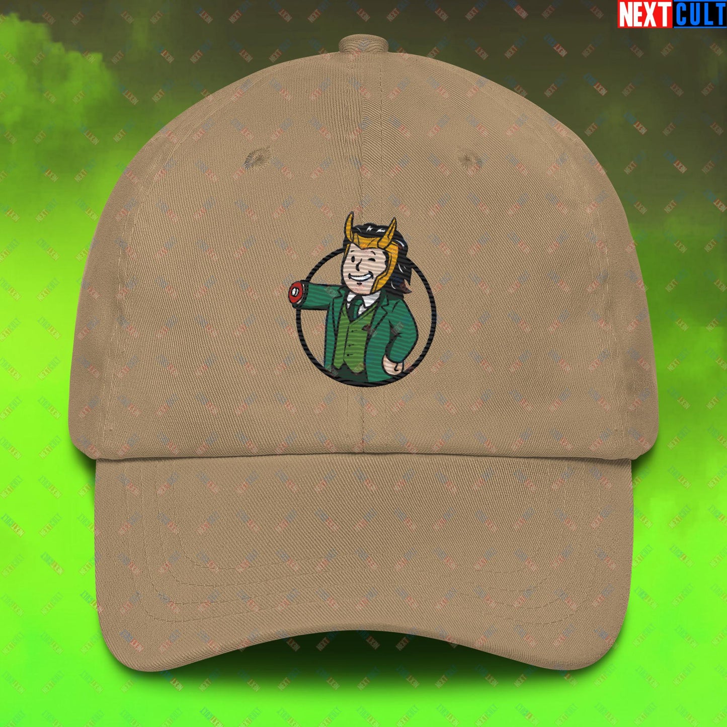 Loki Vault Boy Fallout Funny Meme Cartoon Mashup Dad hat Khaki Hats Fallout Loki Movies Superheroes Tom Hiddleston TV Shows Vault Boy Next Cult Brand