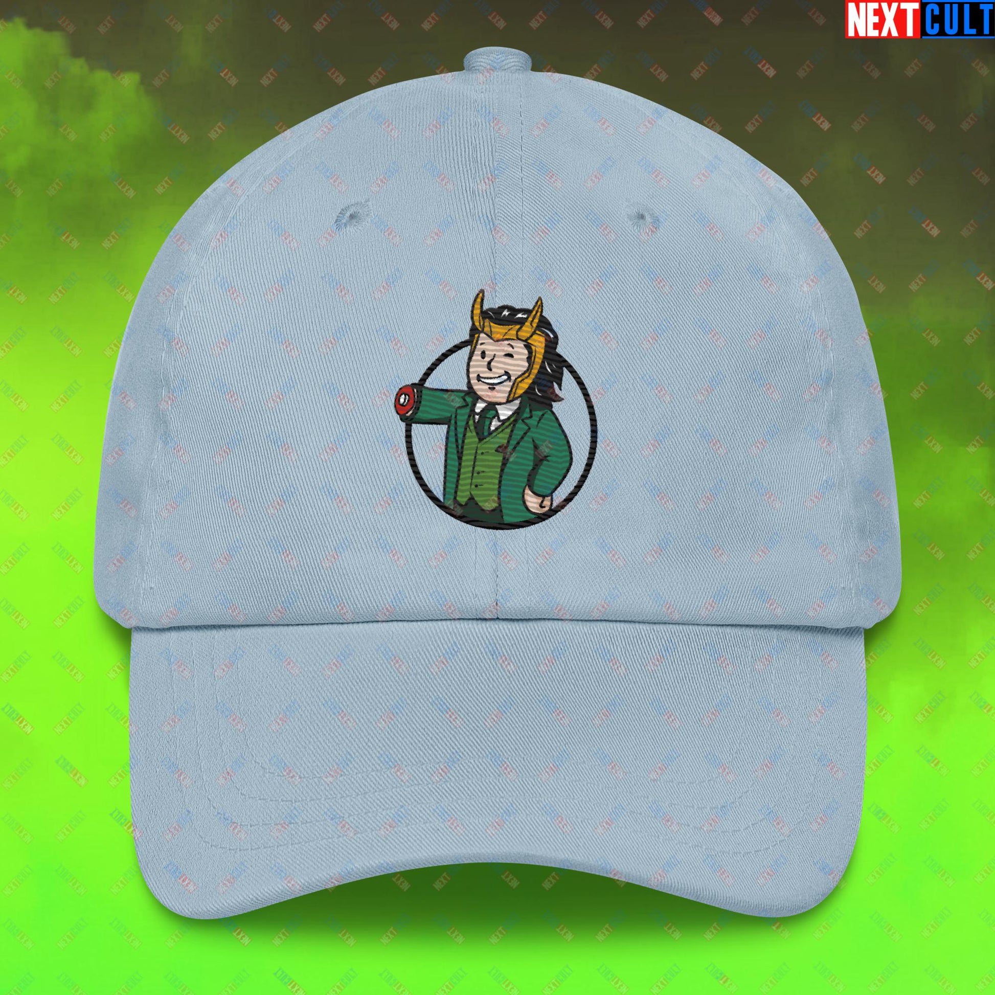 Loki Vault Boy Fallout Funny Meme Cartoon Mashup Dad hat Light Blue Hats Fallout Loki Movies Superheroes Tom Hiddleston TV Shows Vault Boy Next Cult Brand