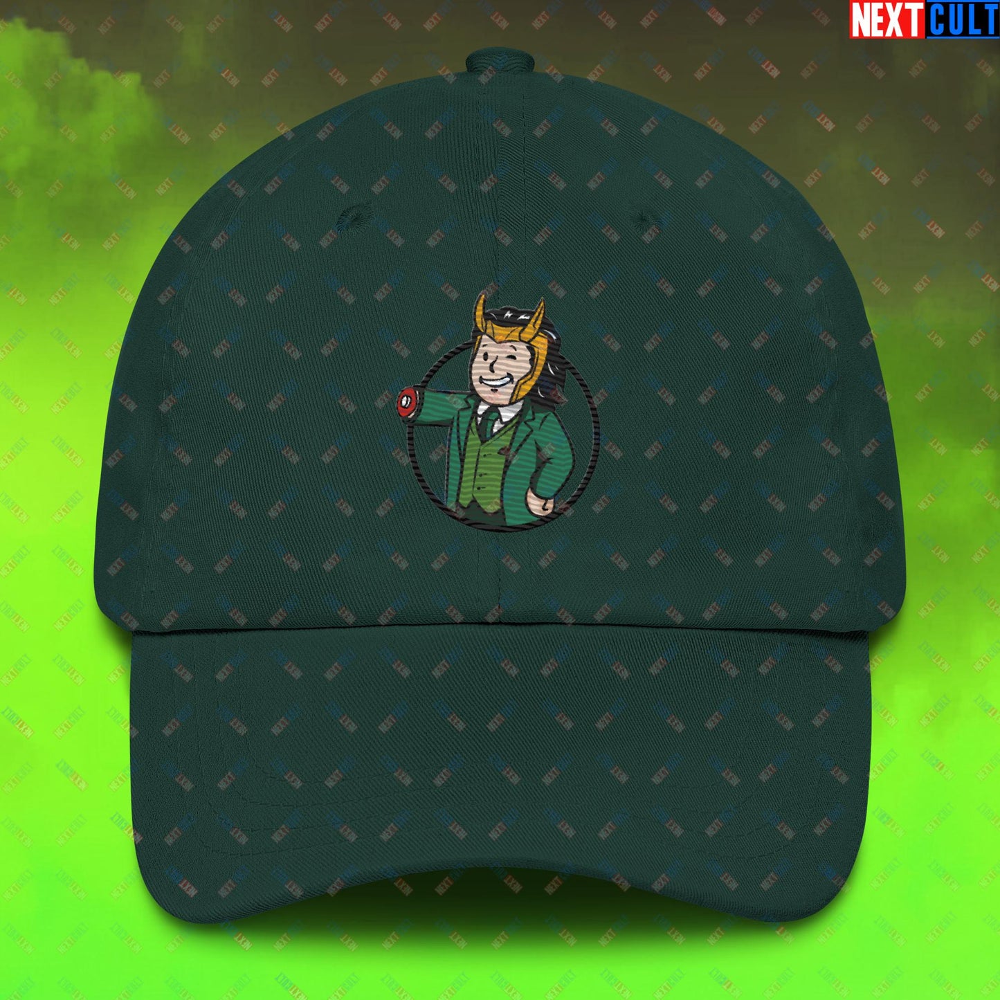 Loki Vault Boy Fallout Funny Meme Cartoon Mashup Dad hat Spruce Hats Fallout Loki Movies Superheroes Tom Hiddleston TV Shows Vault Boy Next Cult Brand