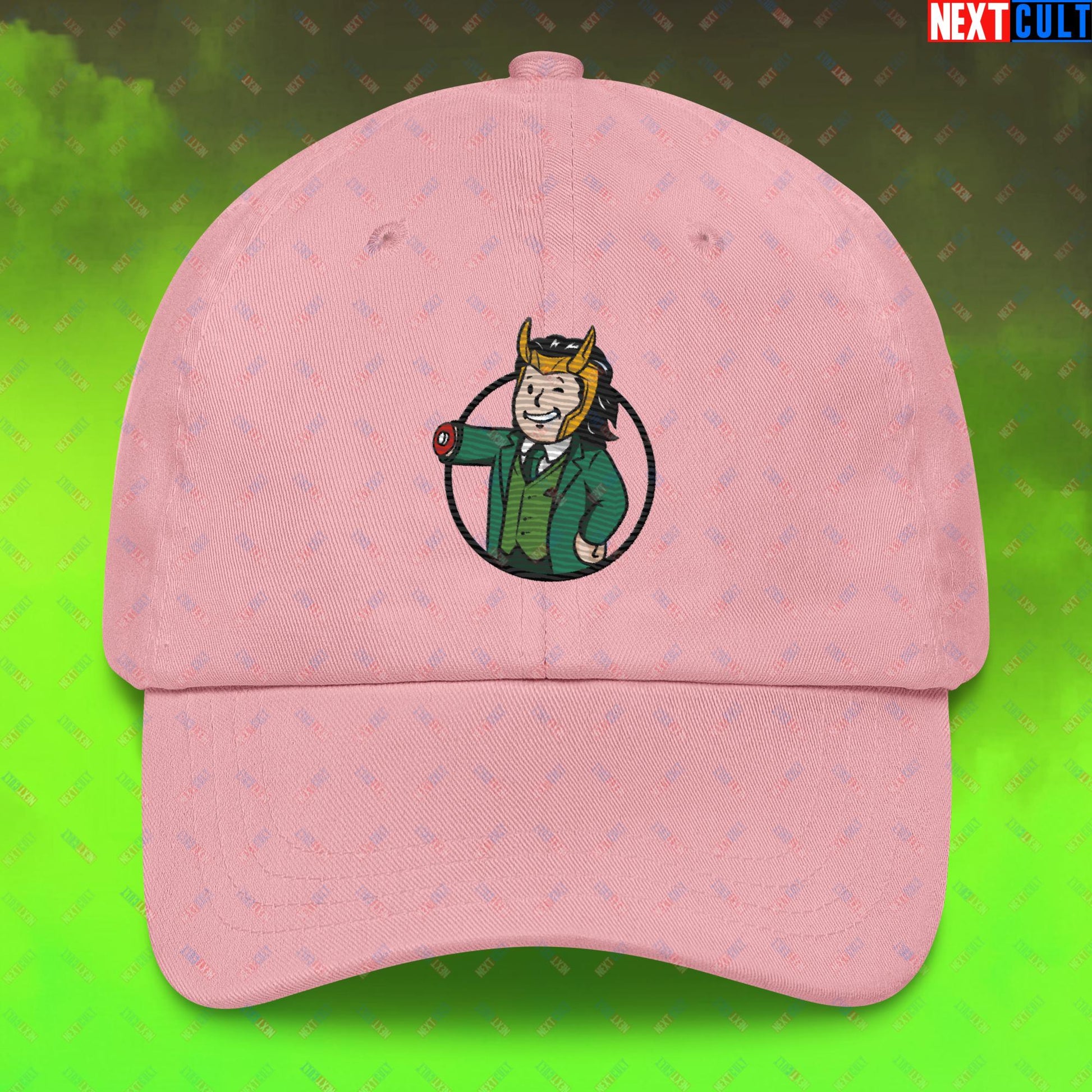 Loki Vault Boy Fallout Funny Meme Cartoon Mashup Dad hat Pink Hats Fallout Loki Movies Superheroes Tom Hiddleston TV Shows Vault Boy Next Cult Brand