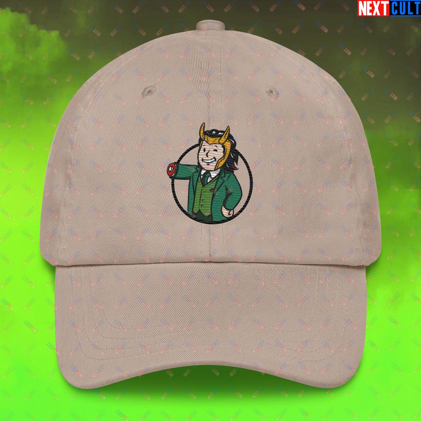 Loki Vault Boy Fallout Funny Meme Cartoon Mashup Dad hat Stone Hats Fallout Loki Movies Superheroes Tom Hiddleston TV Shows Vault Boy Next Cult Brand